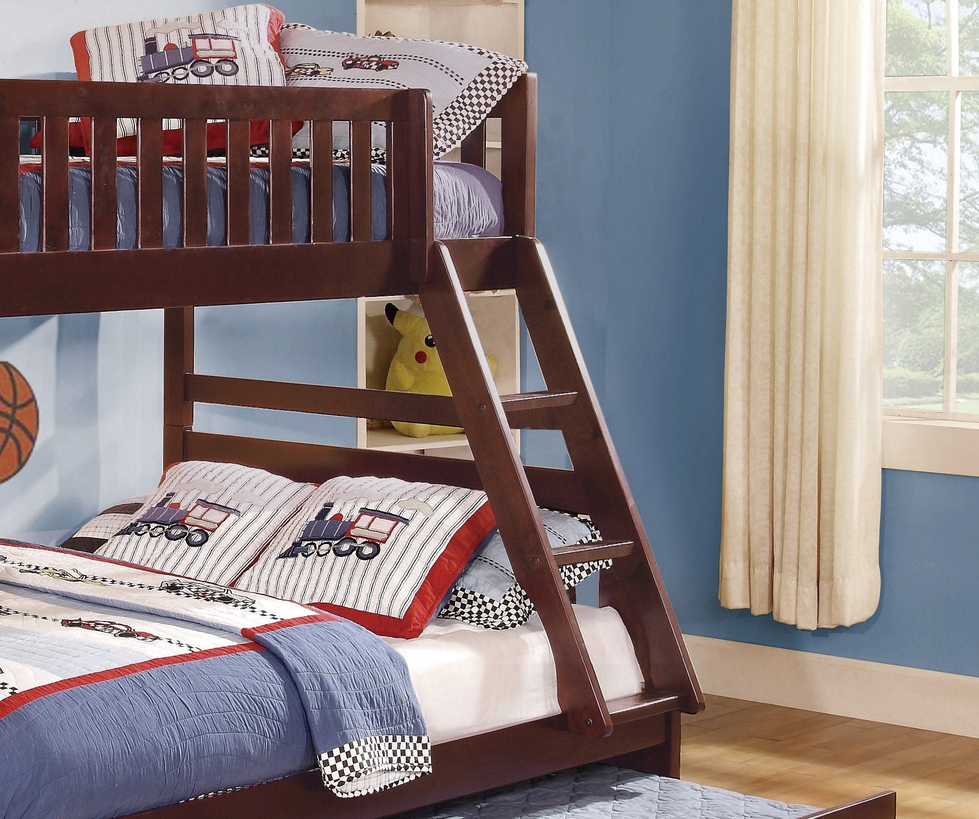 Shared Kids Room Twin Over Full Wood Bunk Bed with Twin Trundle Dark Cherry | Just Better Bunk Beds
