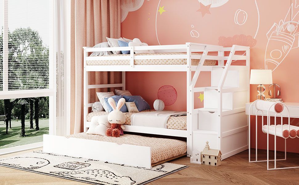 Shared Kids Room Twin-Over-Twin Bunk Bed with Trundle and 3-Storage Stairs Wood White | Just Better Bunk Beds