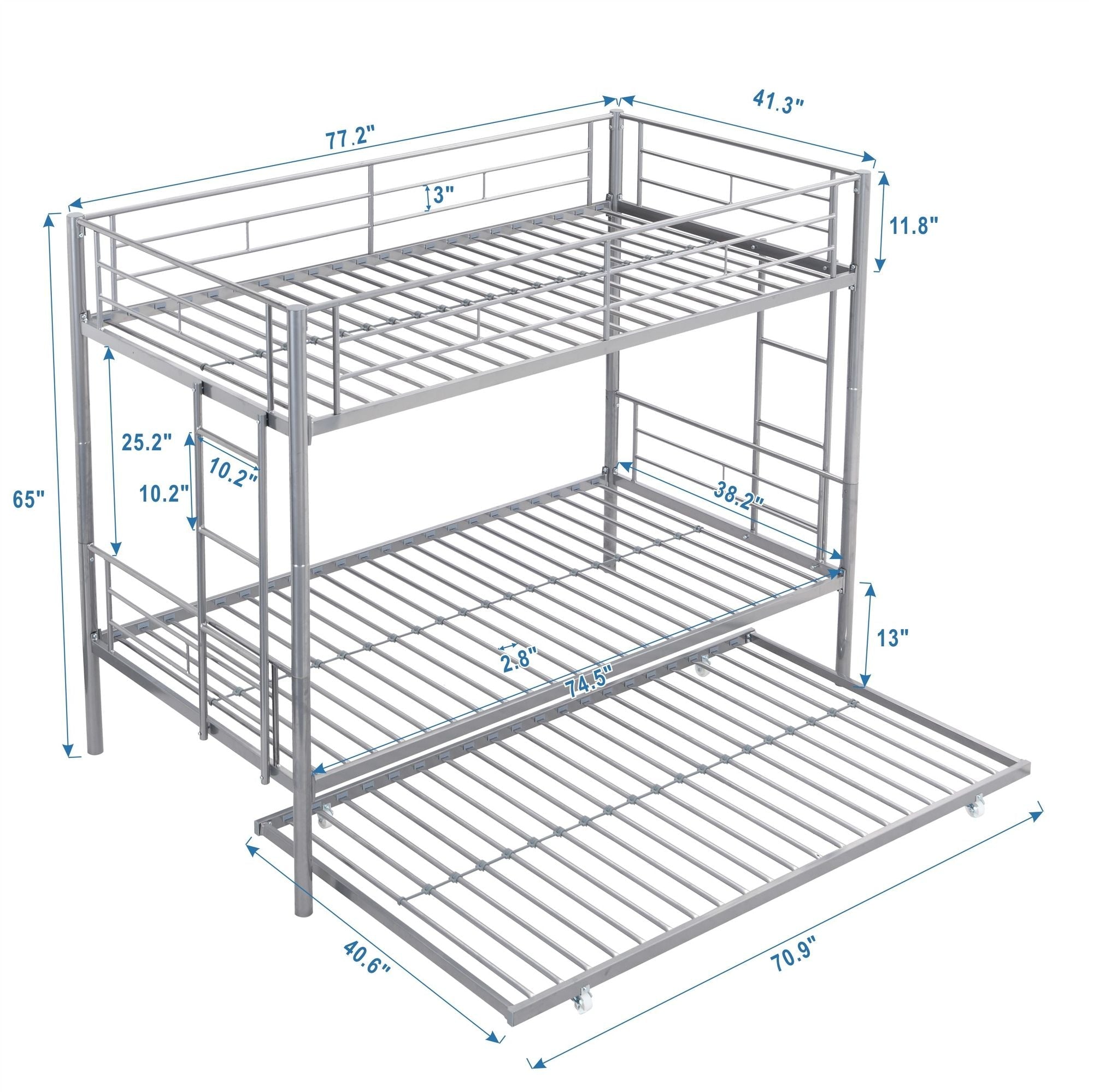 Shared Kids Room Twin Over Twin Metal Bunk Bed with Trundle, Guard Rails, and Two Ladders | Just Better Bunk Beds