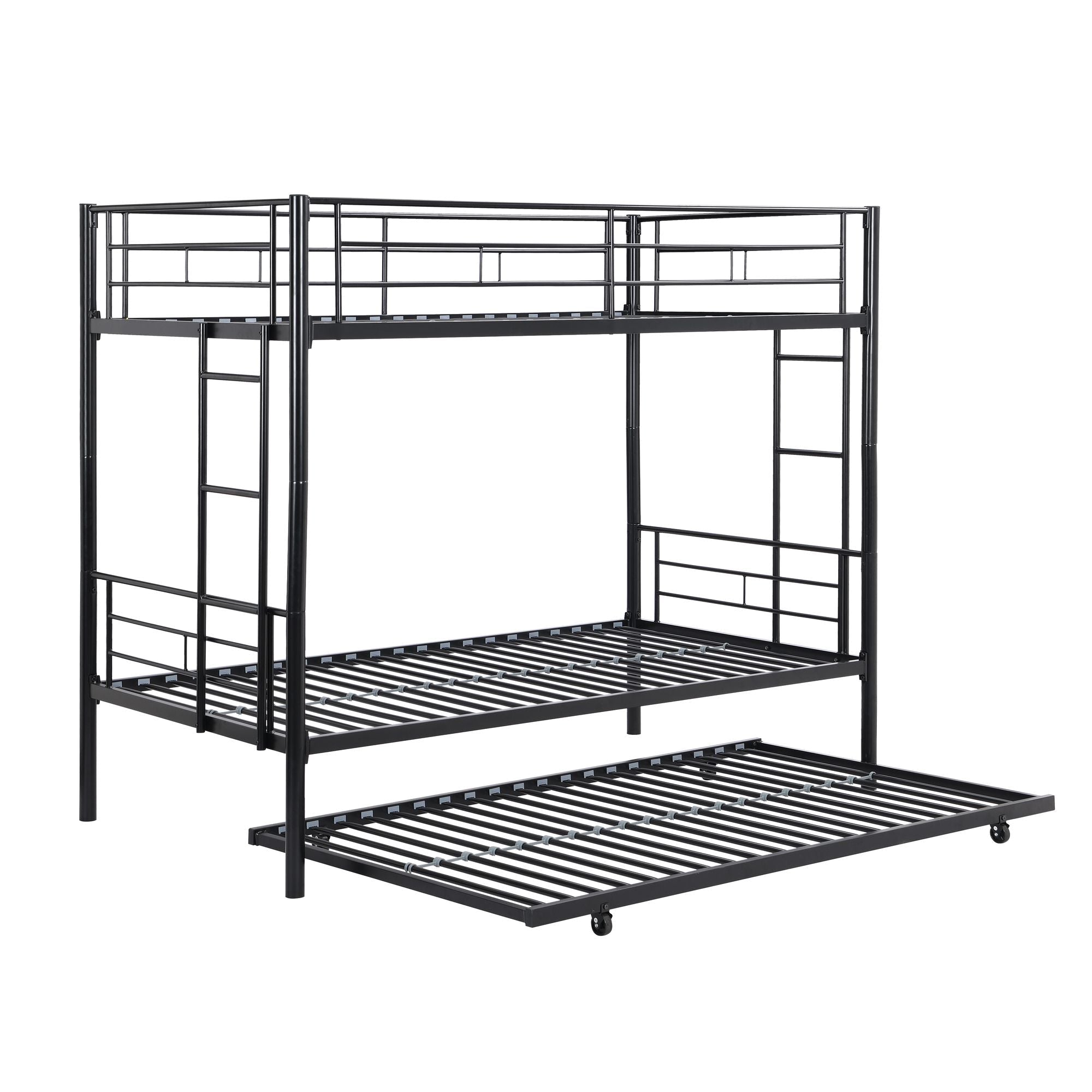 Shared Kids Room Twin Over Twin Metal Bunk Bed with Trundle, Guard Rails, and Two Ladders | Just Better Bunk Beds