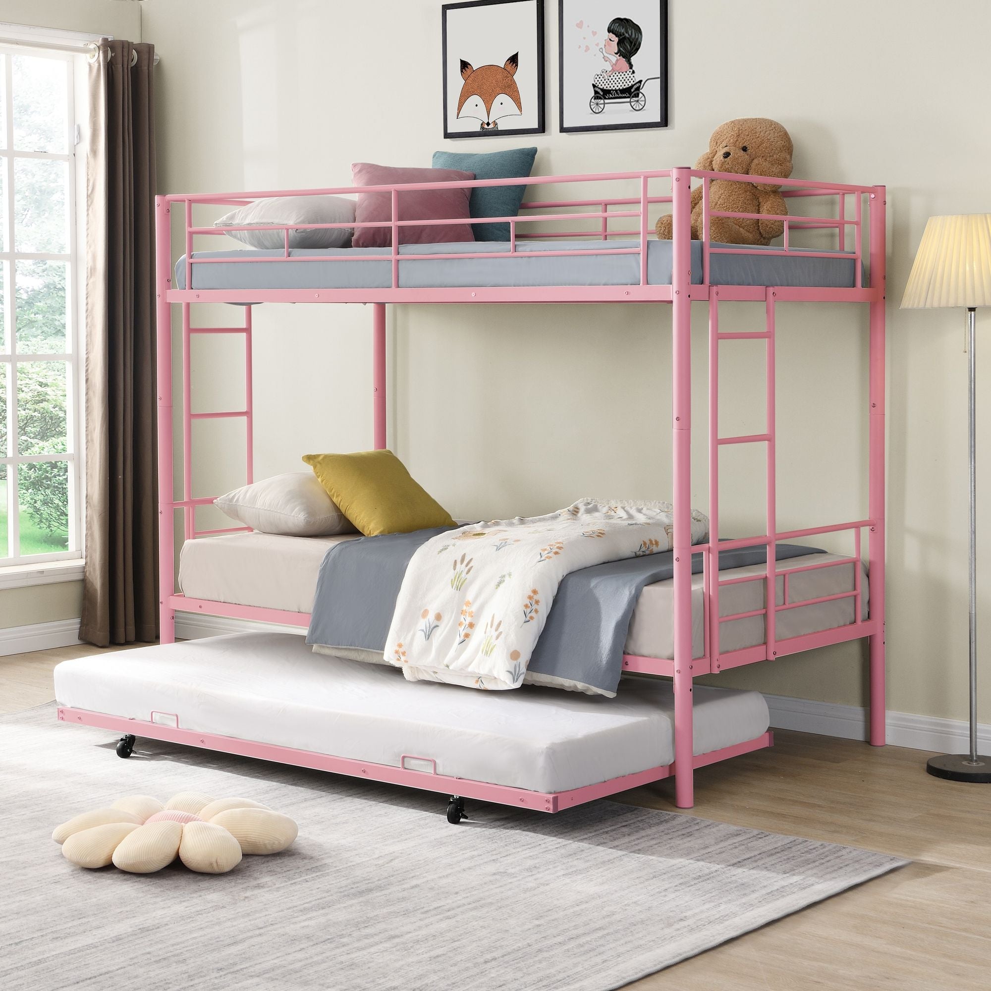 Shared Kids Room Twin Over Twin Metal Bunk Bed with Trundle, Guard Rails, and Two Ladders | Just Better Bunk Beds