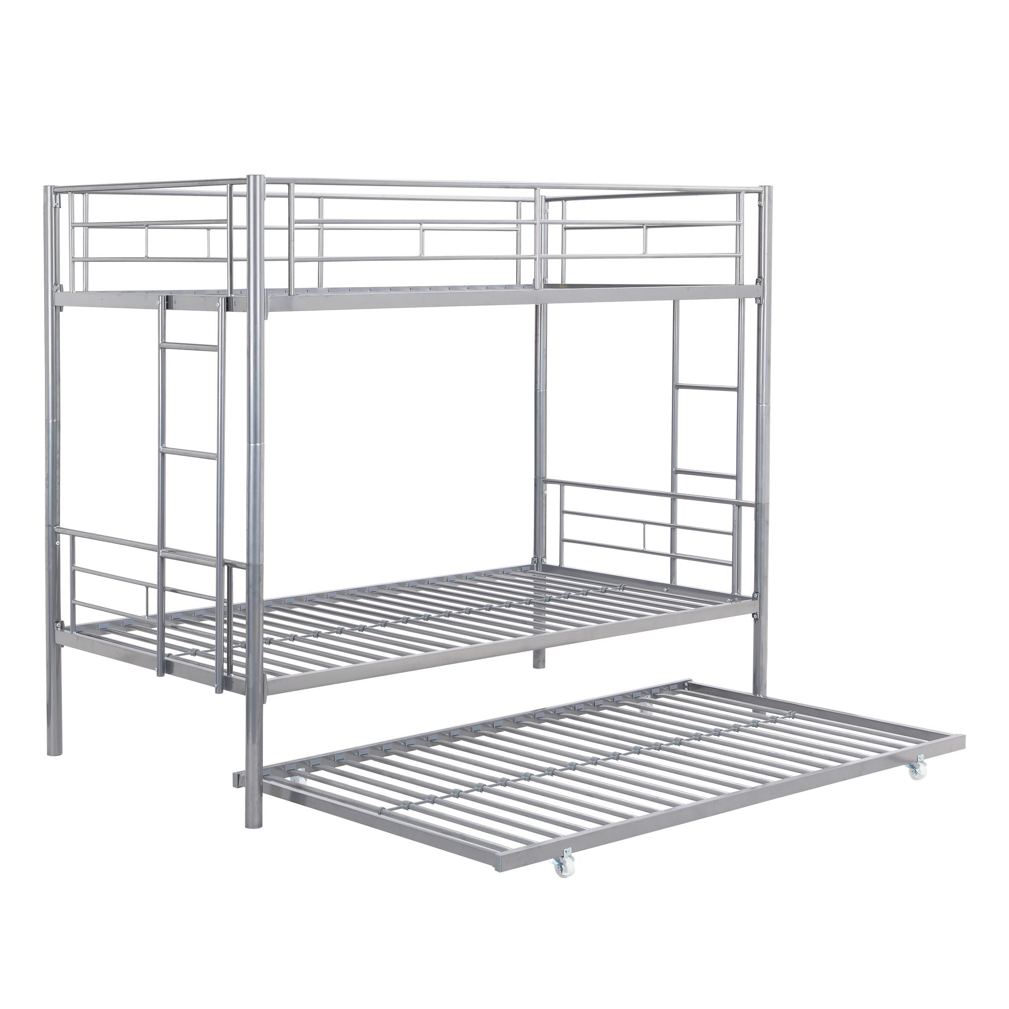 Shared Kids Room Twin Over Twin Metal Bunk Bed with Trundle, Guard Rails, and Two Ladders | Just Better Bunk Beds