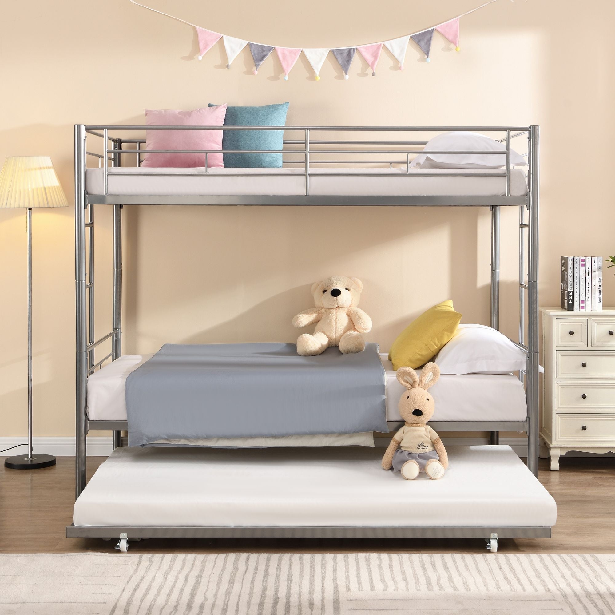 Shared Kids Room Twin Over Twin Metal Bunk Bed with Trundle, Guard Rails, and Two Ladders | Just Better Bunk Beds