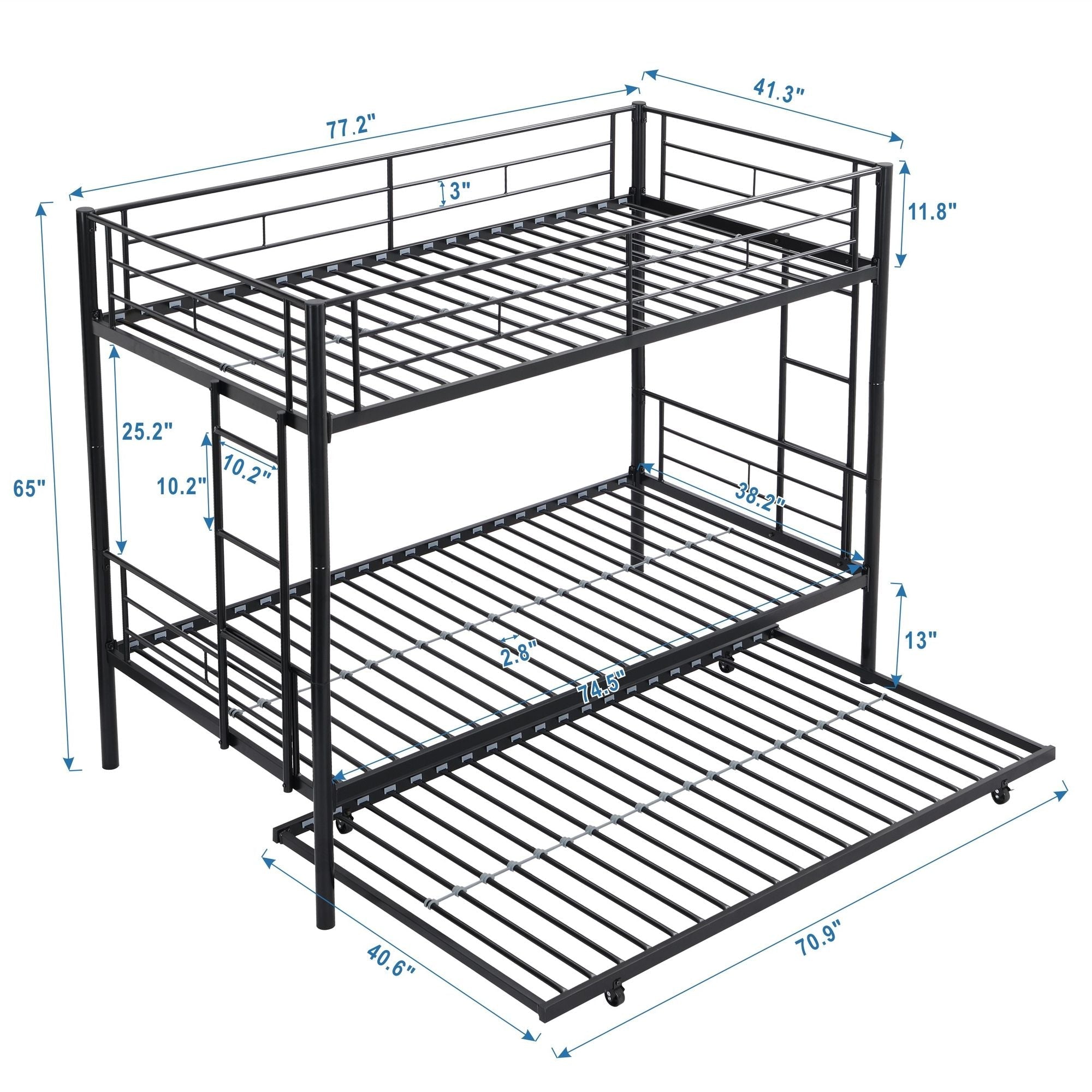 Shared Kids Room Twin Over Twin Metal Bunk Bed with Trundle, Guard Rails, and Two Ladders | Just Better Bunk Beds