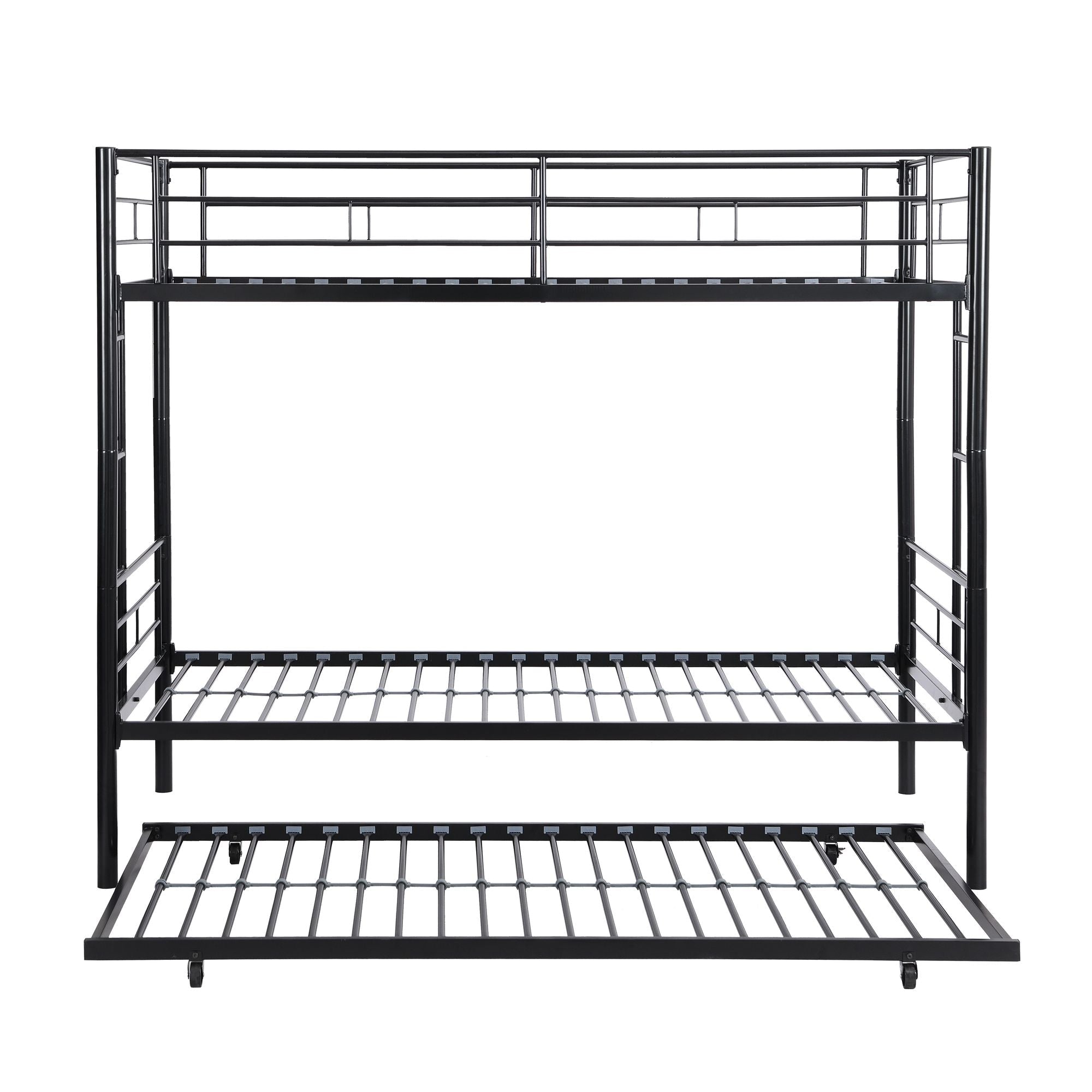Shared Kids Room Twin Over Twin Metal Bunk Bed with Trundle, Guard Rails, and Two Ladders | Just Better Bunk Beds