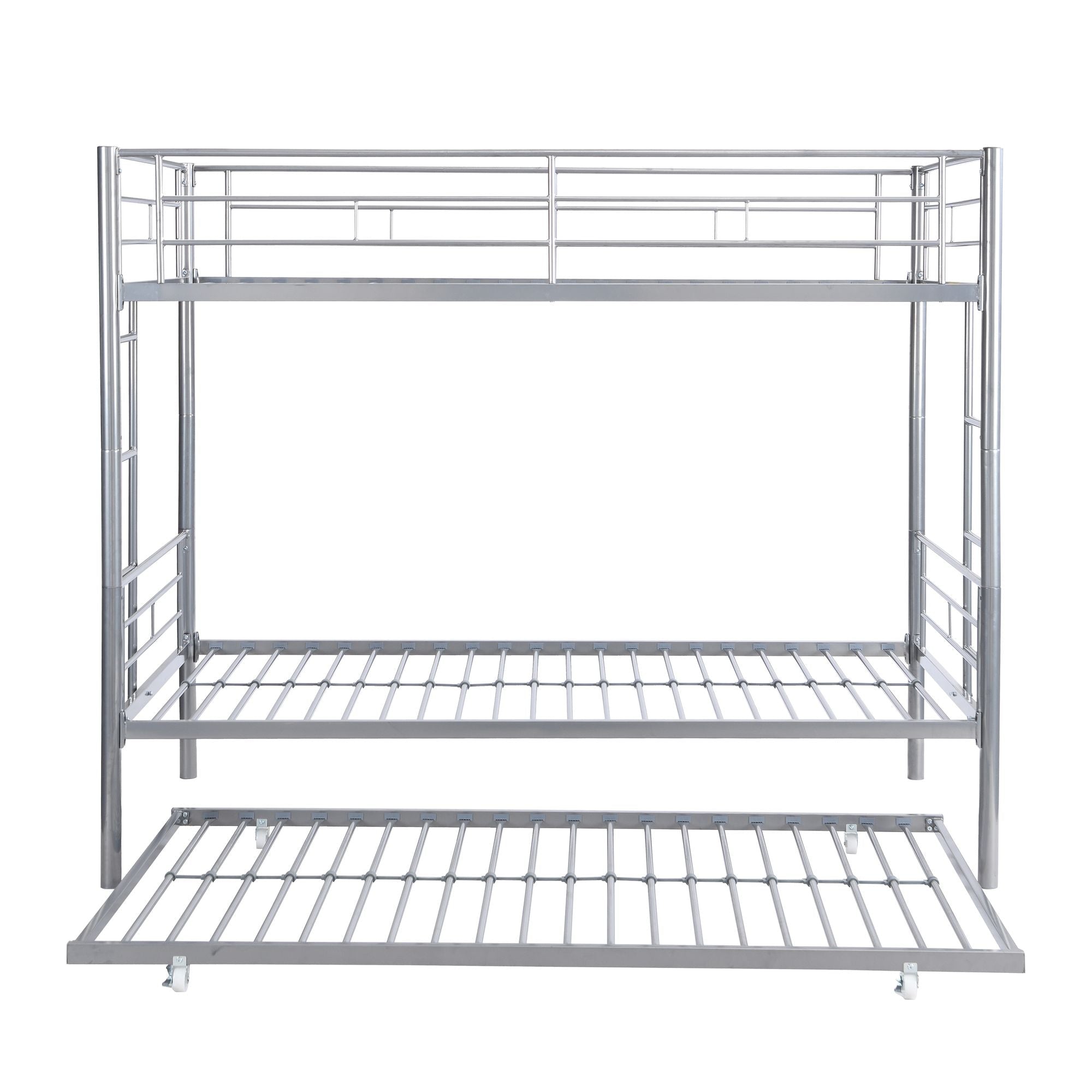 Shared Kids Room Twin Over Twin Metal Bunk Bed with Trundle, Guard Rails, and Two Ladders | Just Better Bunk Beds
