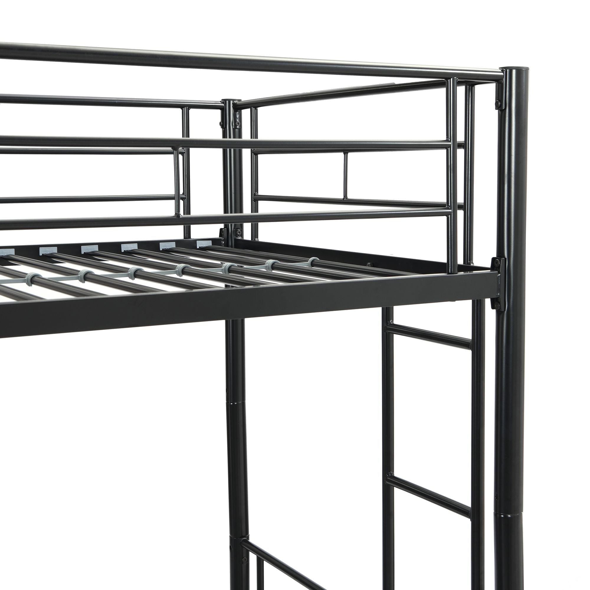 Shared Kids Room Twin Over Twin Metal Bunk Bed with Trundle, Guard Rails, and Two Ladders | Just Better Bunk Beds