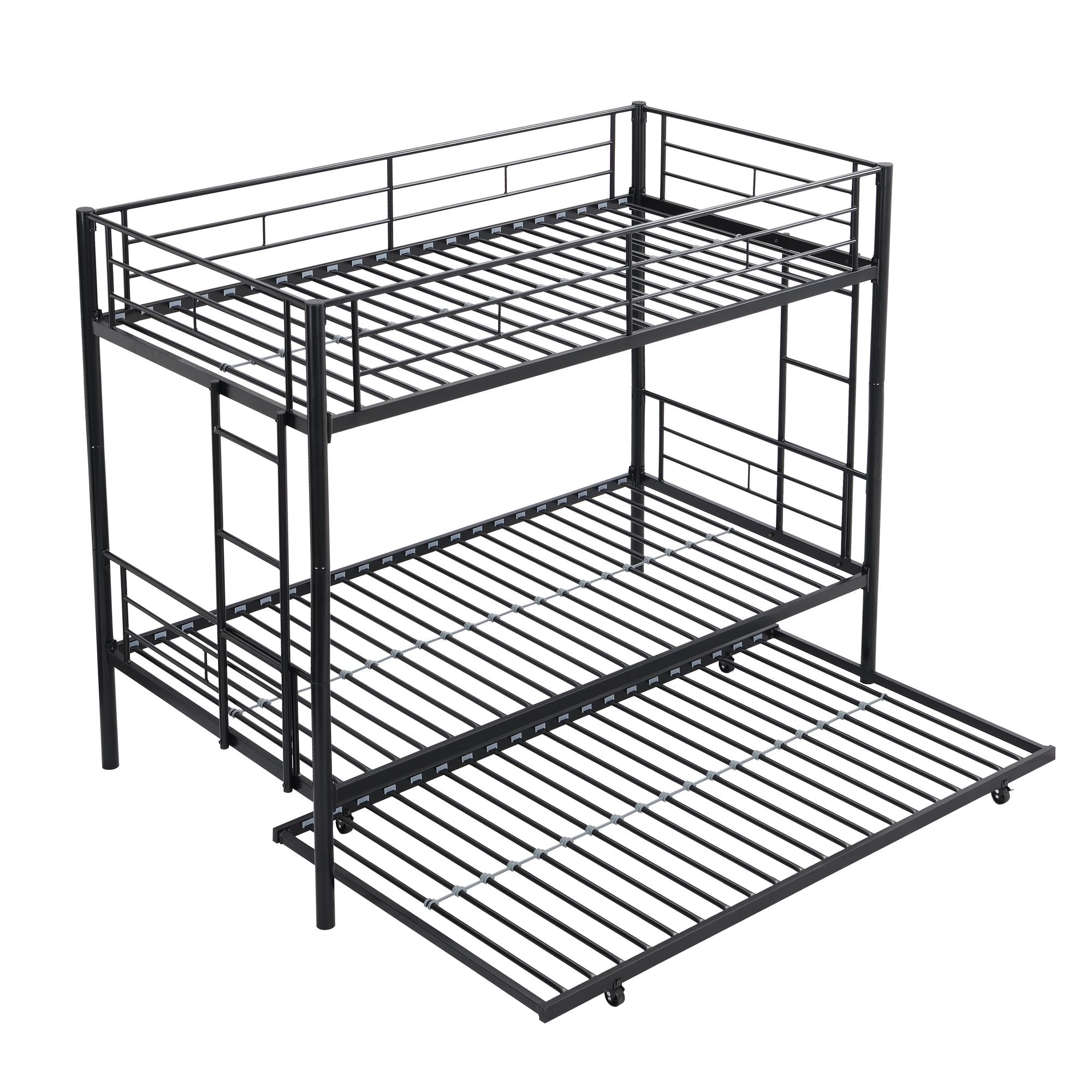 Shared Kids Room Twin Over Twin Metal Bunk Bed with Trundle, Guard Rails, and Two Ladders | Just Better Bunk Beds
