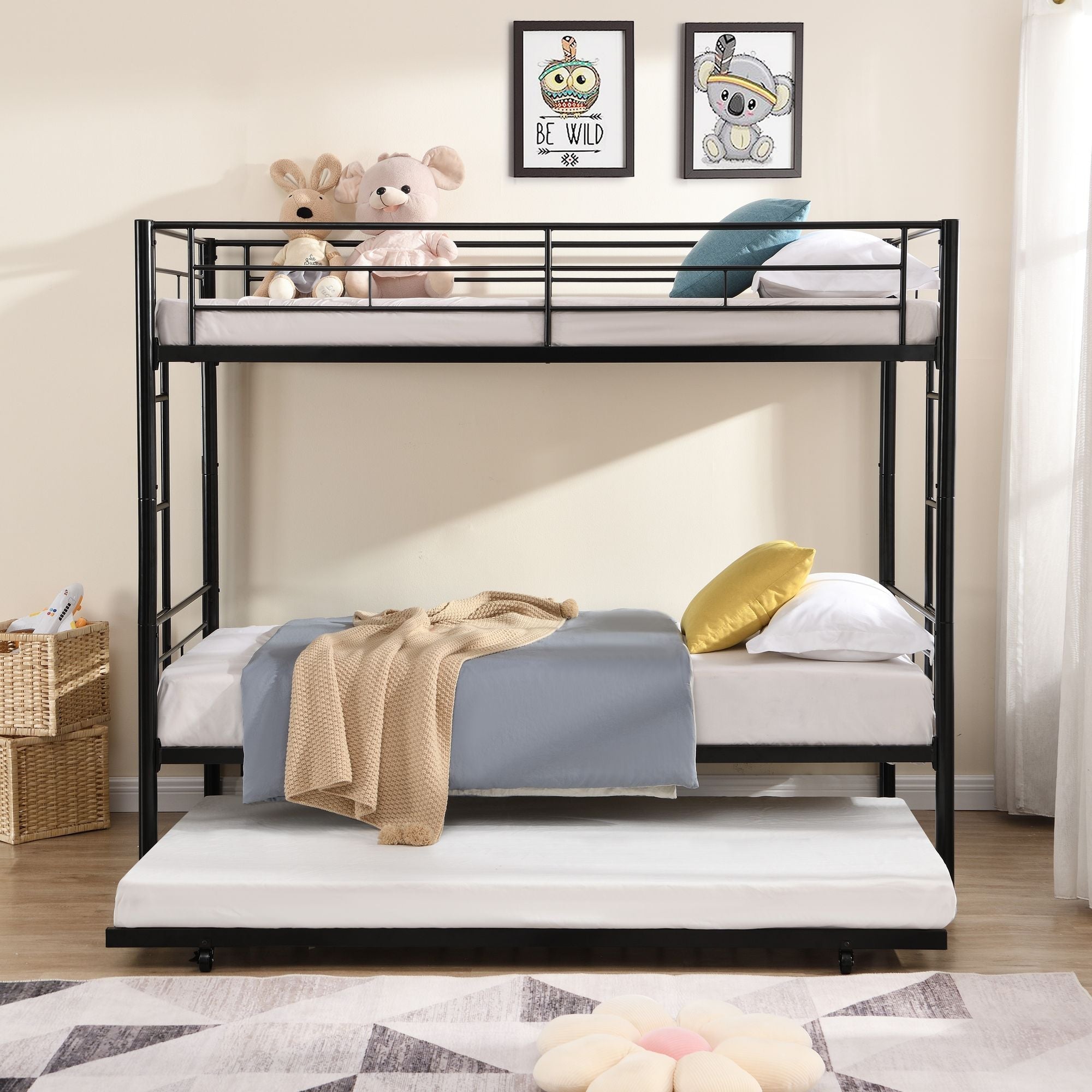 Shared Kids Room Twin Over Twin Metal Bunk Bed with Trundle, Guard Rails, and Two Ladders | Just Better Bunk Beds
