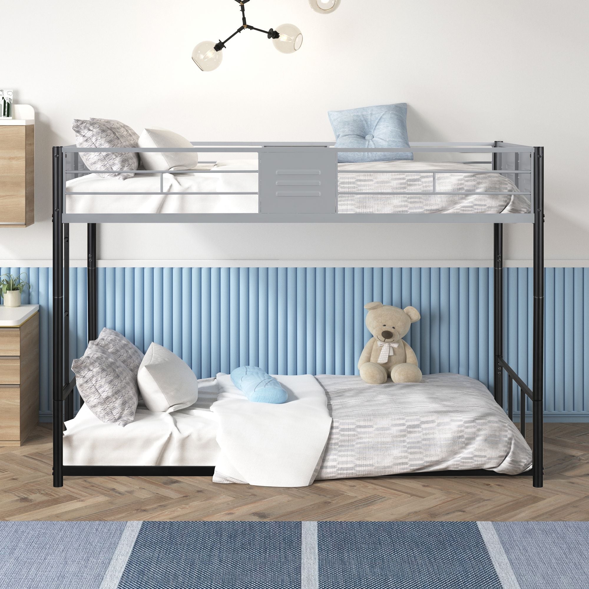 Shared Kids Room Twin Over Twin Metal Bunk Bed with Vent Board and Safety Guardrails, Black | Just Better Bunk Beds