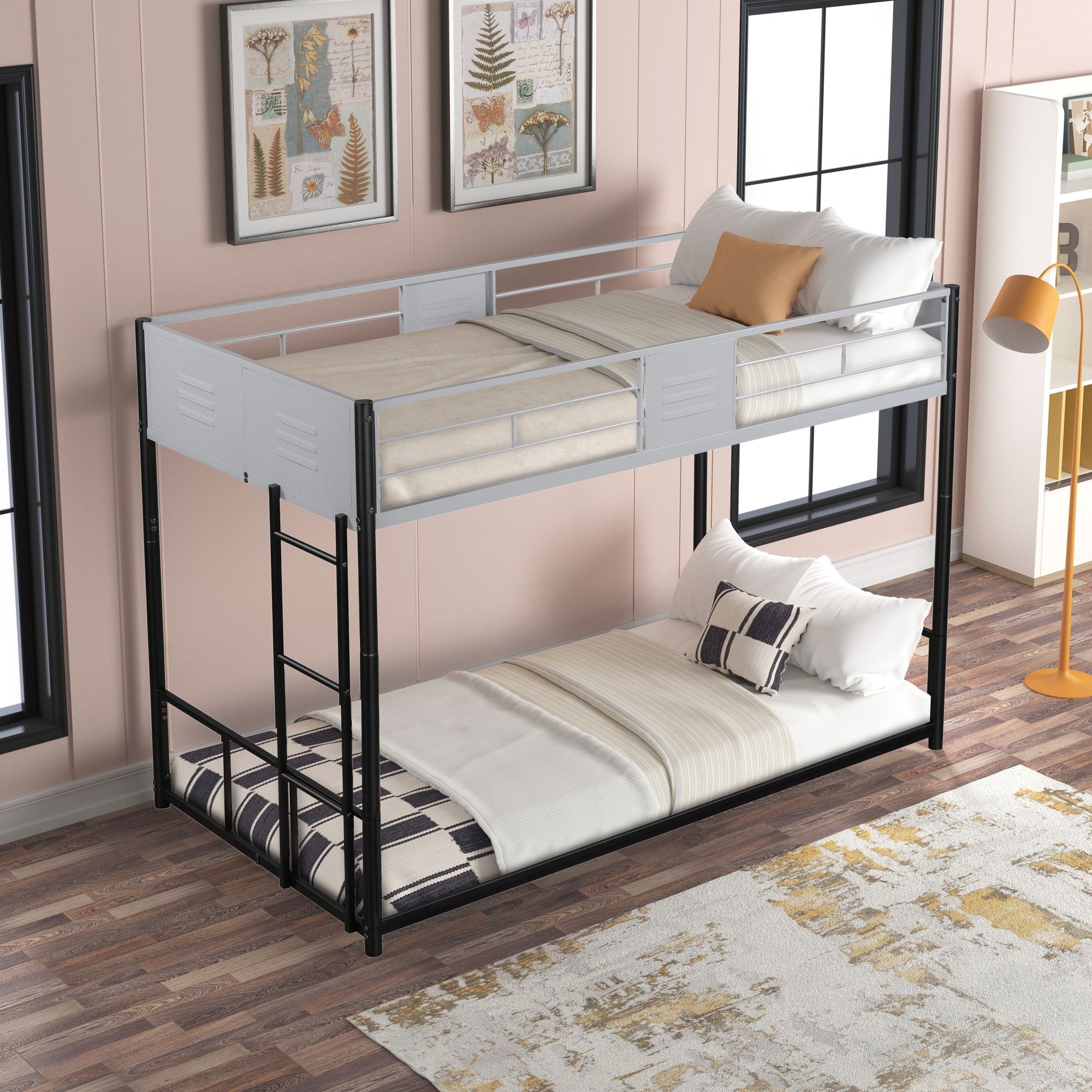 Shared Kids Room Twin Over Twin Metal Bunk Bed with Vent Board and Safety Guardrails, Black | Just Better Bunk Beds