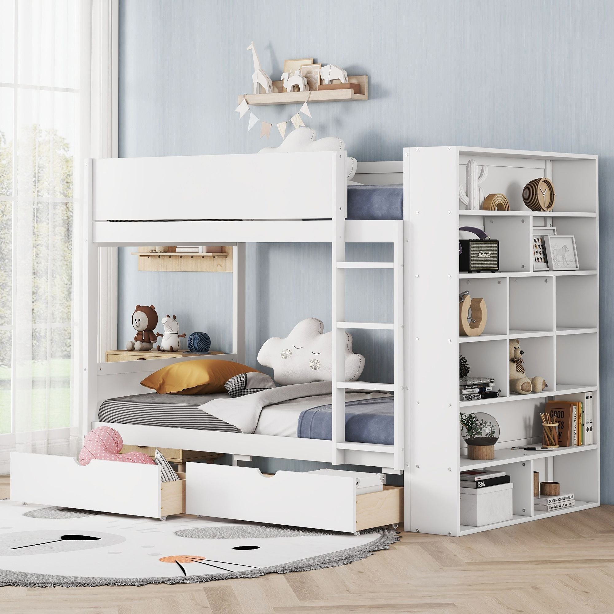 Shared Kids Room Twin Over Twin Wood Bunk Bed with Storage Drawers and Multi-Layer Cabinet White | Just Better Bunk Beds
