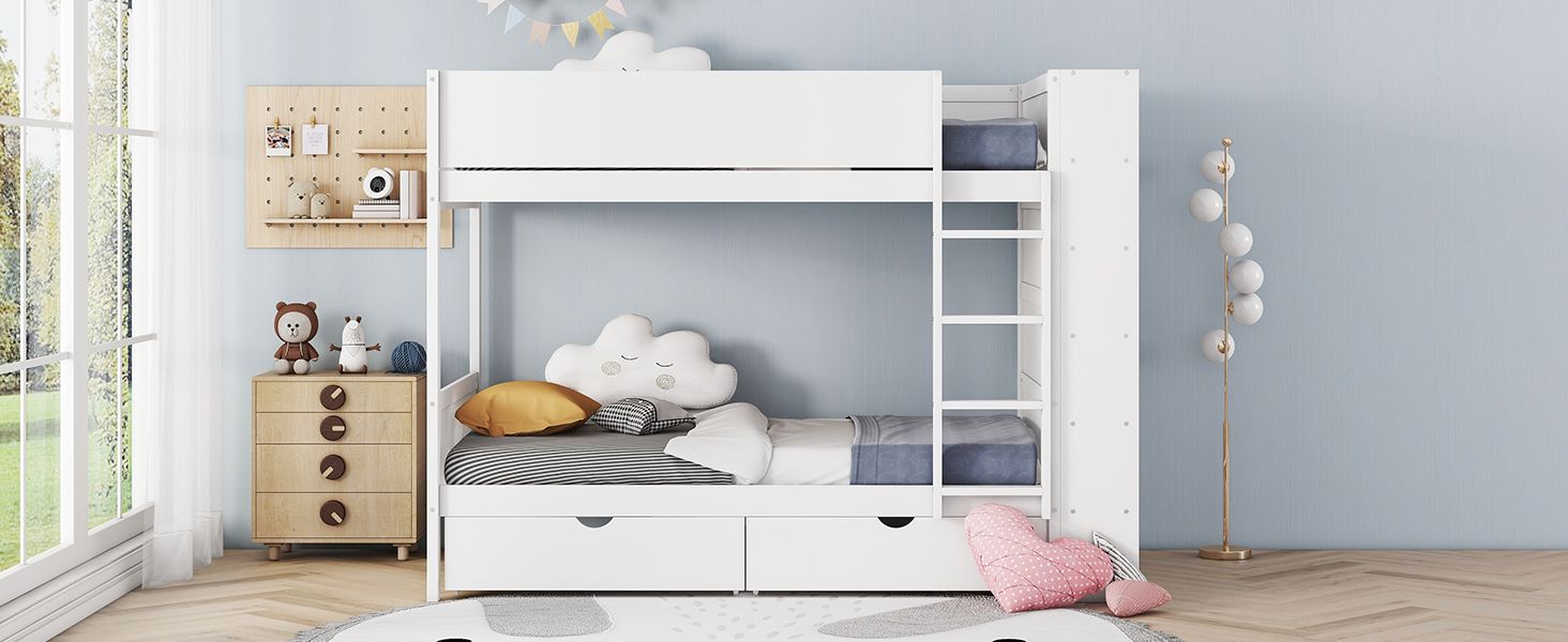 Shared Kids Room Twin Over Twin Wood Bunk Bed with Storage Drawers and Multi-Layer Cabinet White | Just Better Bunk Beds
