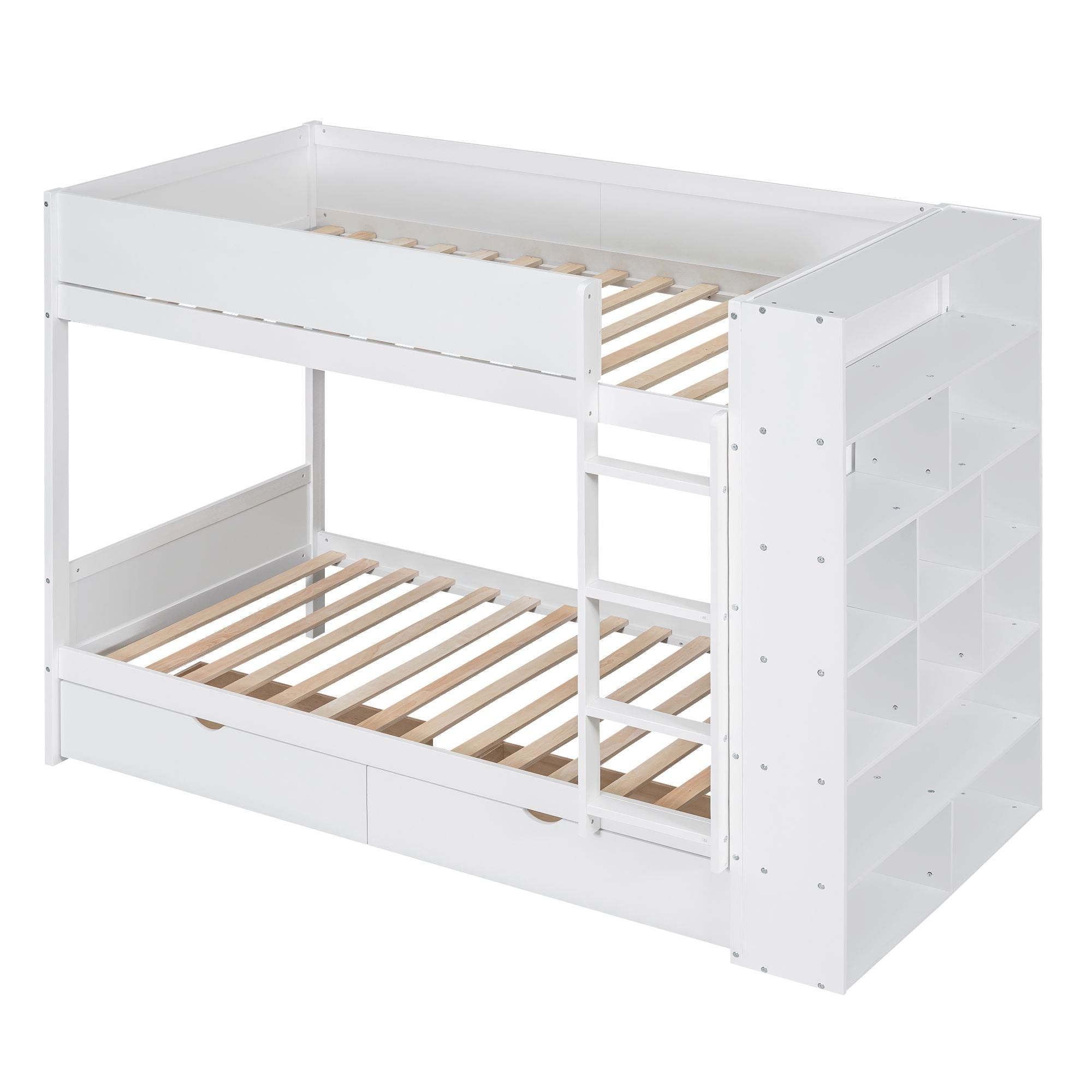 Shared Kids Room Twin Over Twin Wood Bunk Bed with Storage Drawers and Multi-Layer Cabinet White | Just Better Bunk Beds
