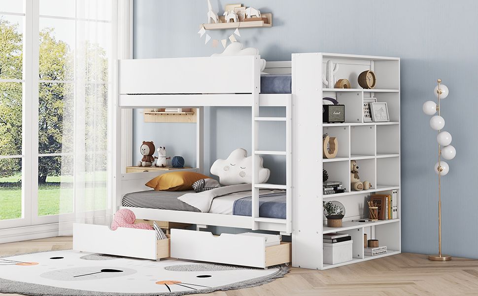 Shared Kids Room Twin Over Twin Wood Bunk Bed with Storage Drawers and Multi-Layer Cabinet White | Just Better Bunk Beds