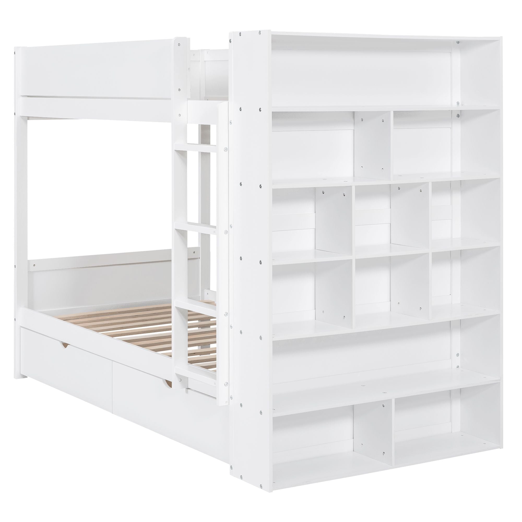 Shared Kids Room Twin Over Twin Wood Bunk Bed with Storage Drawers and Multi-Layer Cabinet White | Just Better Bunk Beds