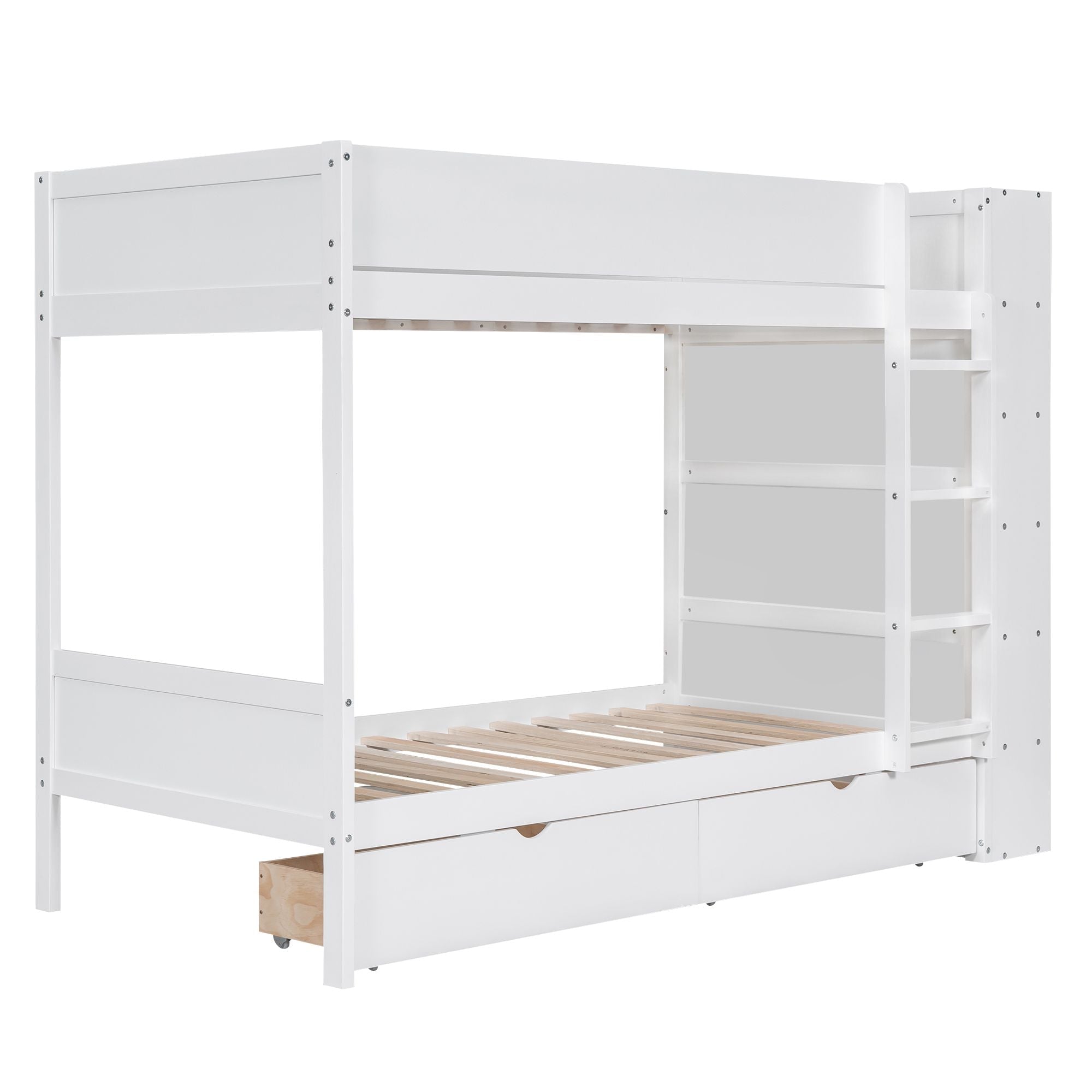 Shared Kids Room Twin Over Twin Wood Bunk Bed with Storage Drawers and Multi-Layer Cabinet White | Just Better Bunk Beds