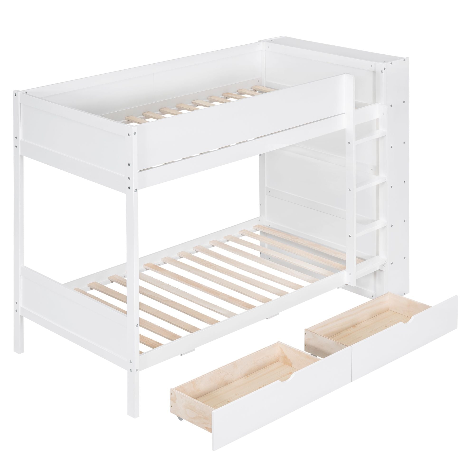 Shared Kids Room Twin Over Twin Wood Bunk Bed with Storage Drawers and Multi-Layer Cabinet White | Just Better Bunk Beds