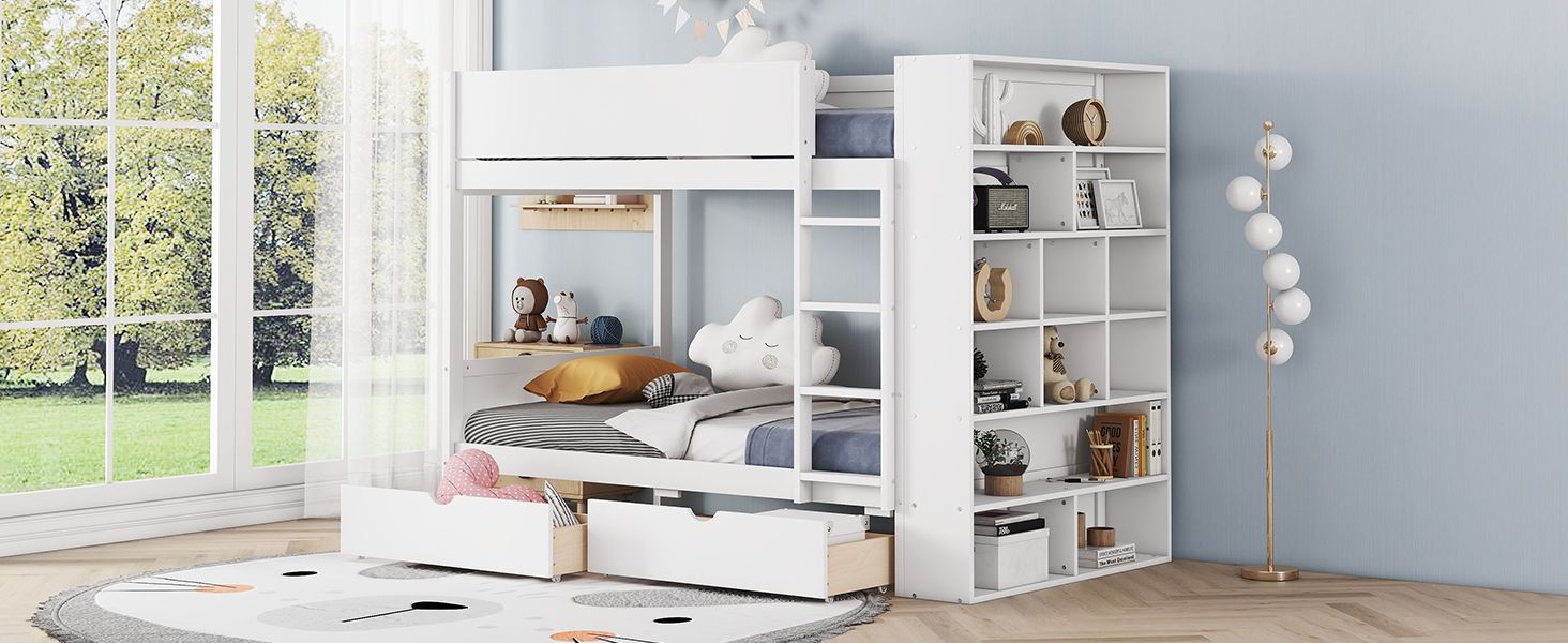 Shared Kids Room Twin Over Twin Wood Bunk Bed with Storage Drawers and Multi-Layer Cabinet White | Just Better Bunk Beds