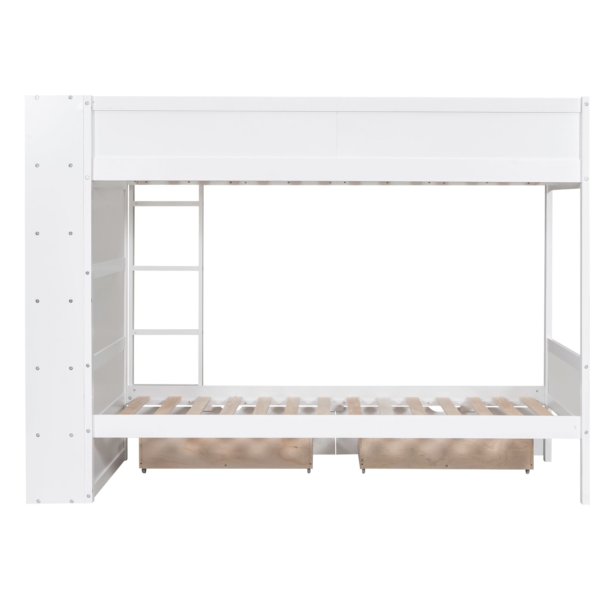 Shared Kids Room Twin Over Twin Wood Bunk Bed with Storage Drawers and Multi-Layer Cabinet White | Just Better Bunk Beds