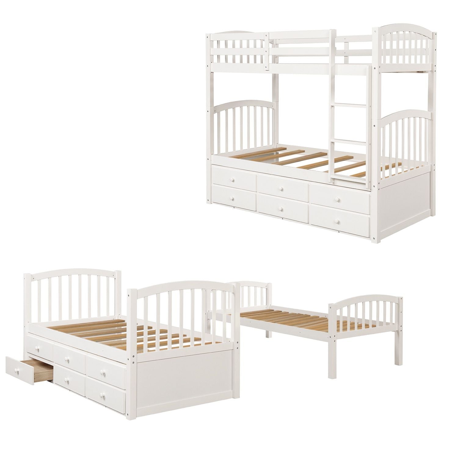 Shared Kids Room Twin-Over-Twin Wood Bunk Bed with Trundle, 3 Drawers, Ladder, Safety Rails in White | Just Better Bunk Beds