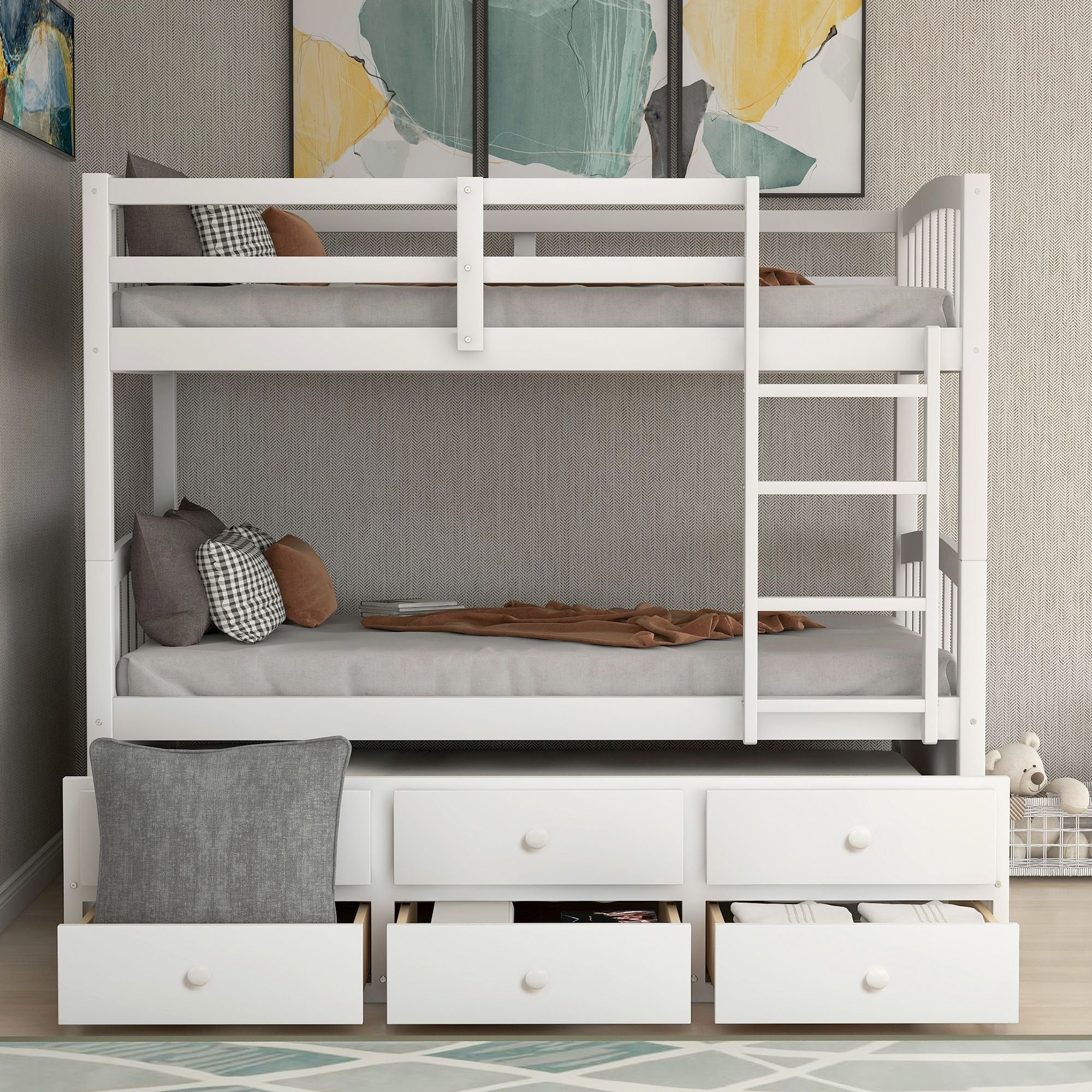 Shared Kids Room Twin-Over-Twin Wood Bunk Bed with Trundle, 3 Drawers, Ladder, Safety Rails in White | Just Better Bunk Beds