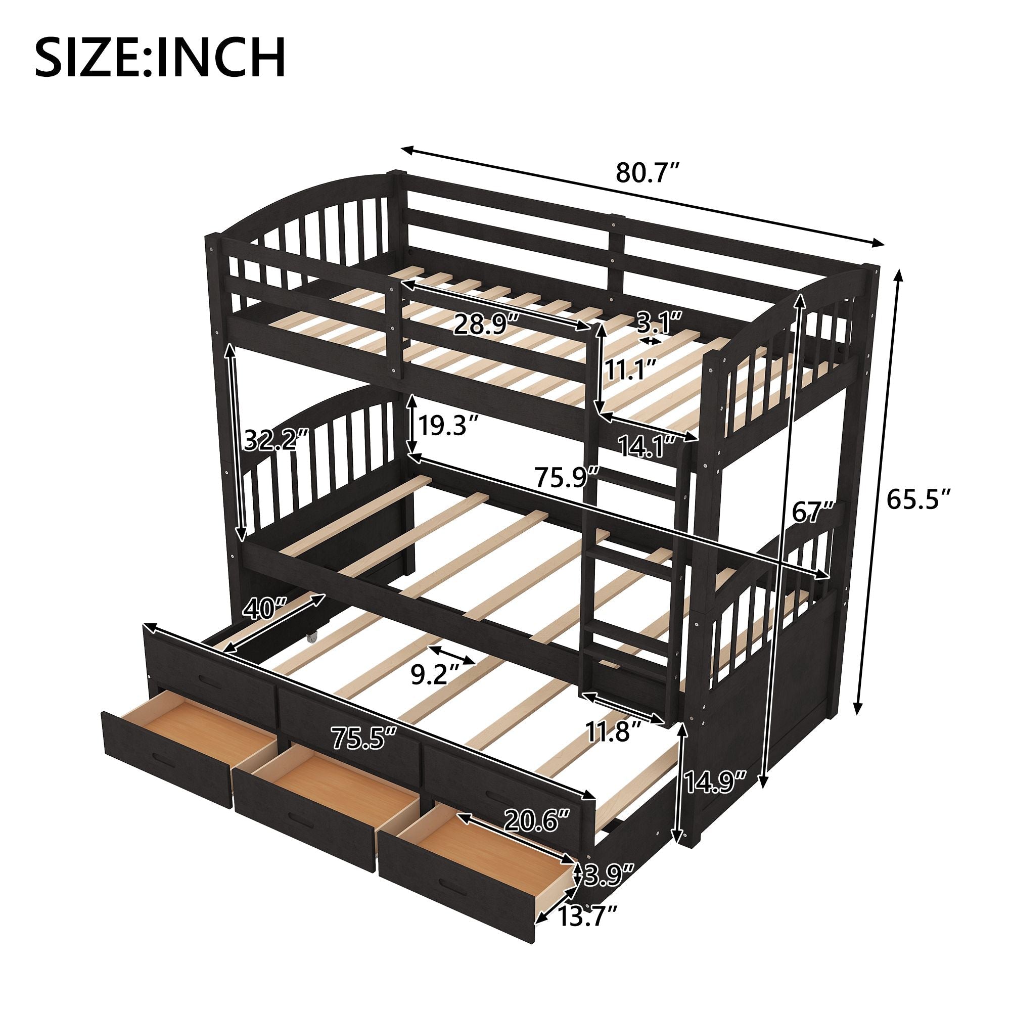 Shared Kids Room Twin Over Twin Wood Bunk Bed with Trundle and Drawers Espresso Finish | Just Better Bunk Beds