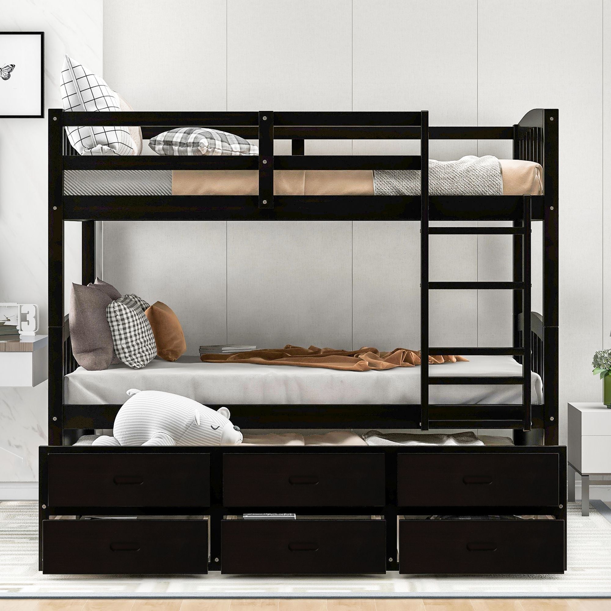 Shared Kids Room Twin Over Twin Wood Bunk Bed with Trundle and Drawers Espresso Finish | Just Better Bunk Beds