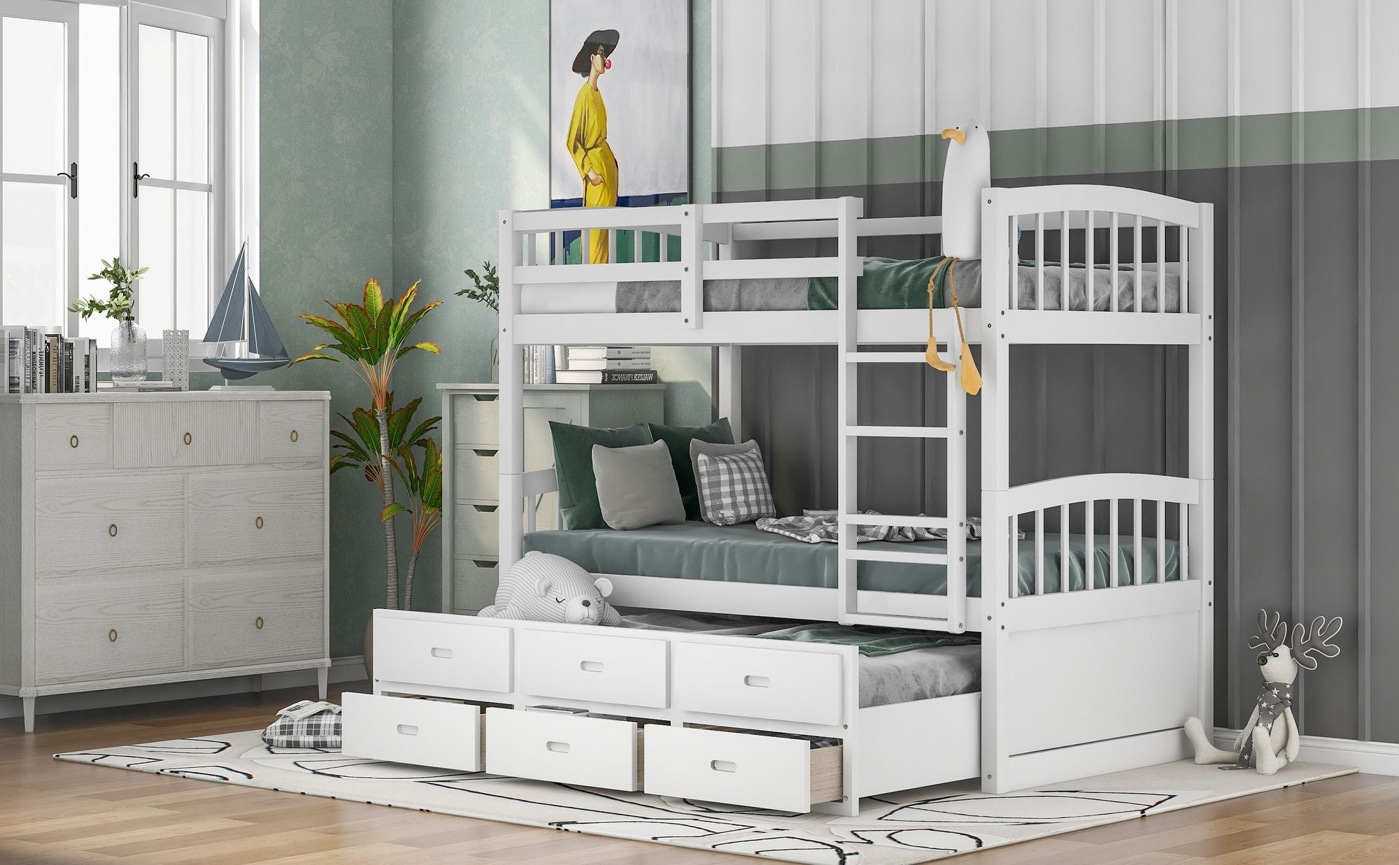 Shared Kids Room Twin Over Twin Wood Bunk Bed with Trundle and Drawers, Espresso or White | Just Better Bunk Beds
