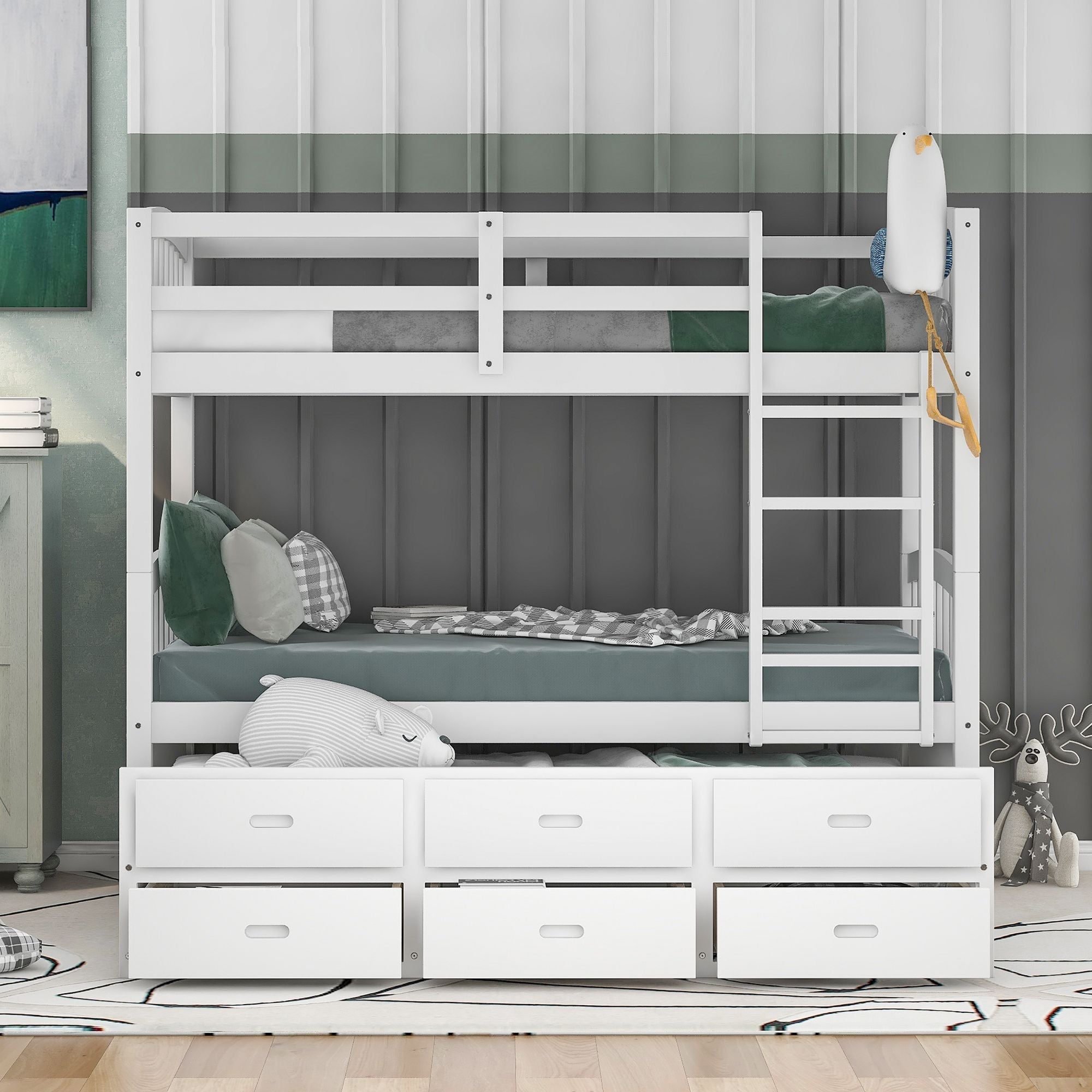 Shared Kids Room Twin Over Twin Wood Bunk Bed with Trundle and Drawers, Espresso or White | Just Better Bunk Beds