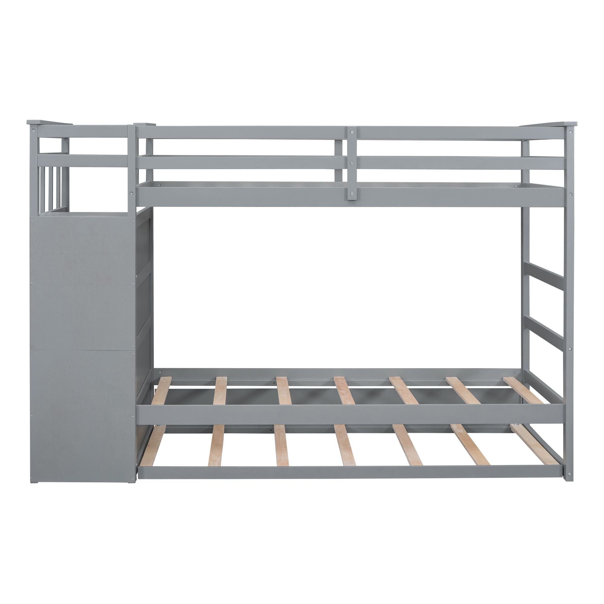 Shared Kids Room Twin Over Twin Wood Bunk Bed with Trundle and Staircase Storage in Gray | Just Better Bunk Beds