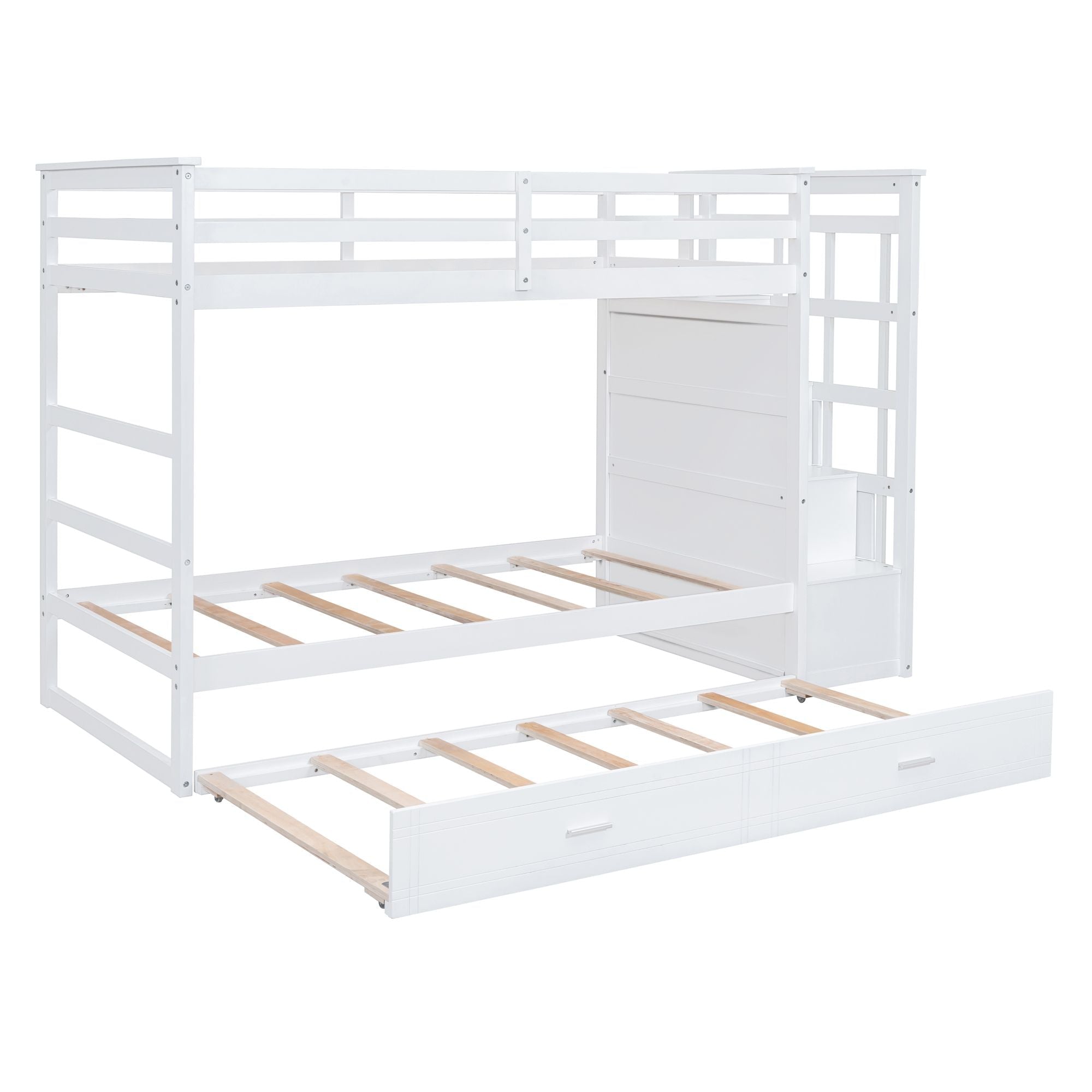 Shared Kids Room Twin Over Twin Wood Bunk Bed with Trundle and Staircase, White | Just Better Bunk Beds