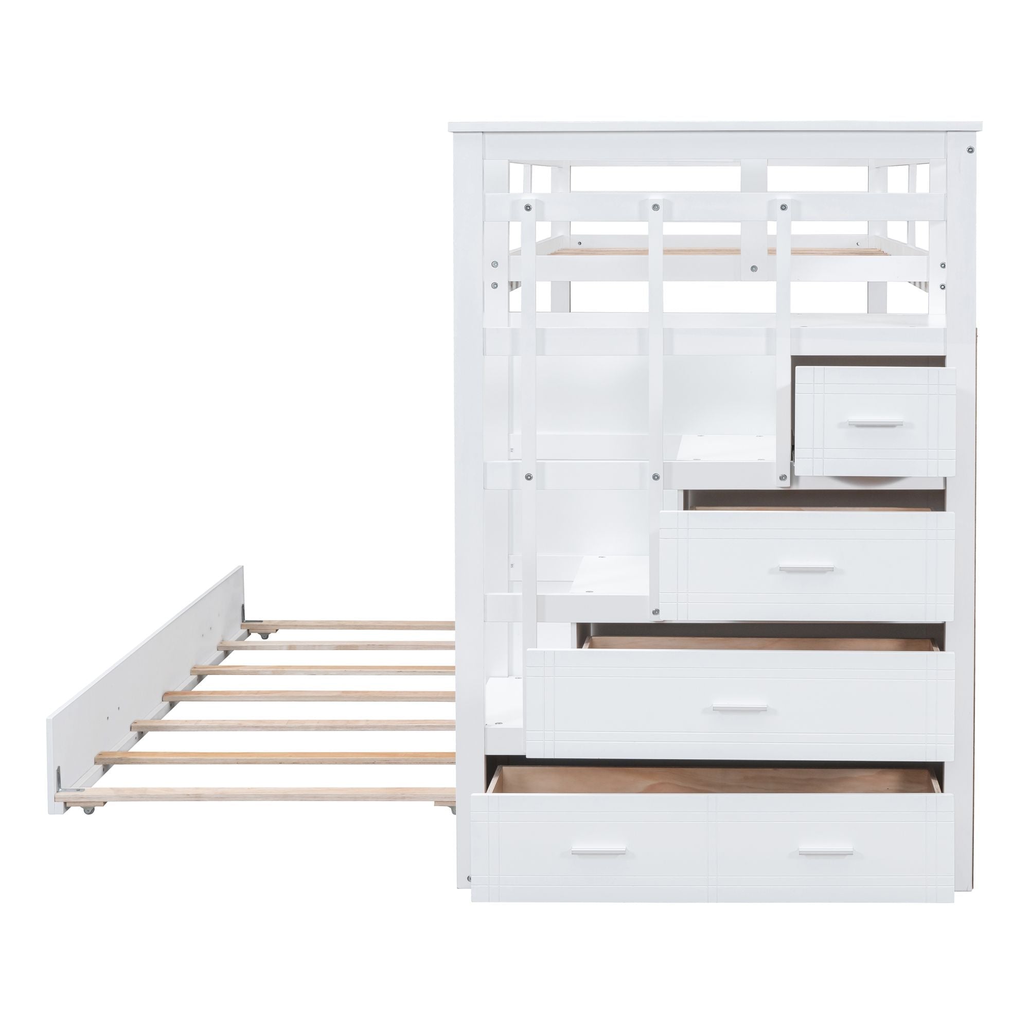 Shared Kids Room Twin Over Twin Wood Bunk Bed with Trundle and Staircase, White | Just Better Bunk Beds