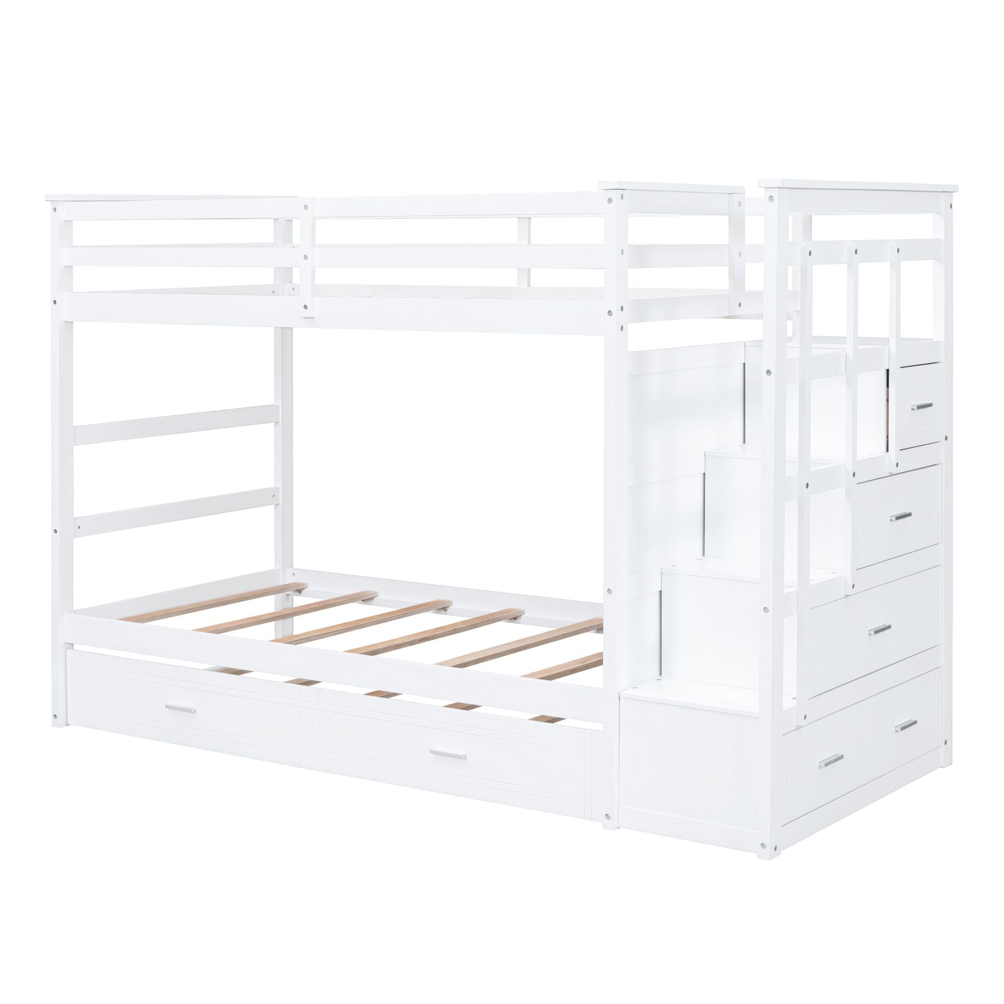Shared Kids Room Twin Over Twin Wood Bunk Bed with Trundle and Staircase, White | Just Better Bunk Beds