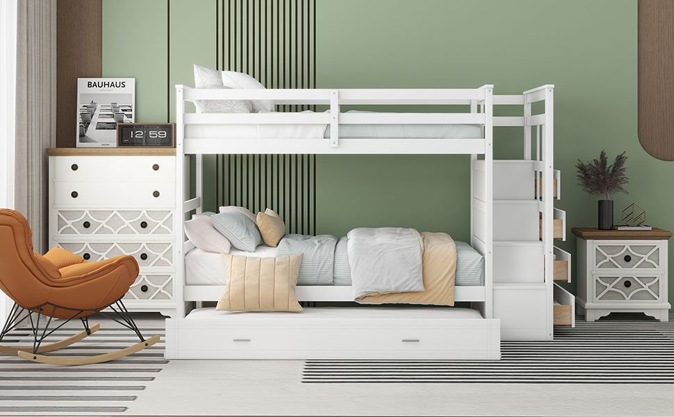 Shared Kids Room Twin Over Twin Wood Bunk Bed with Trundle and Staircase, White | Just Better Bunk Beds