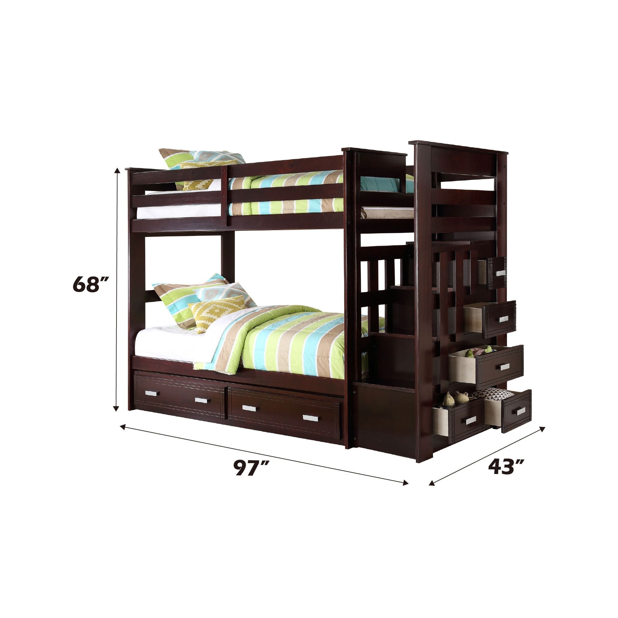 Shared Kids Room Twin Over Twin Wood Bunk Bed with Trundle and Storage Drawers, Espresso | Just Better Bunk Beds