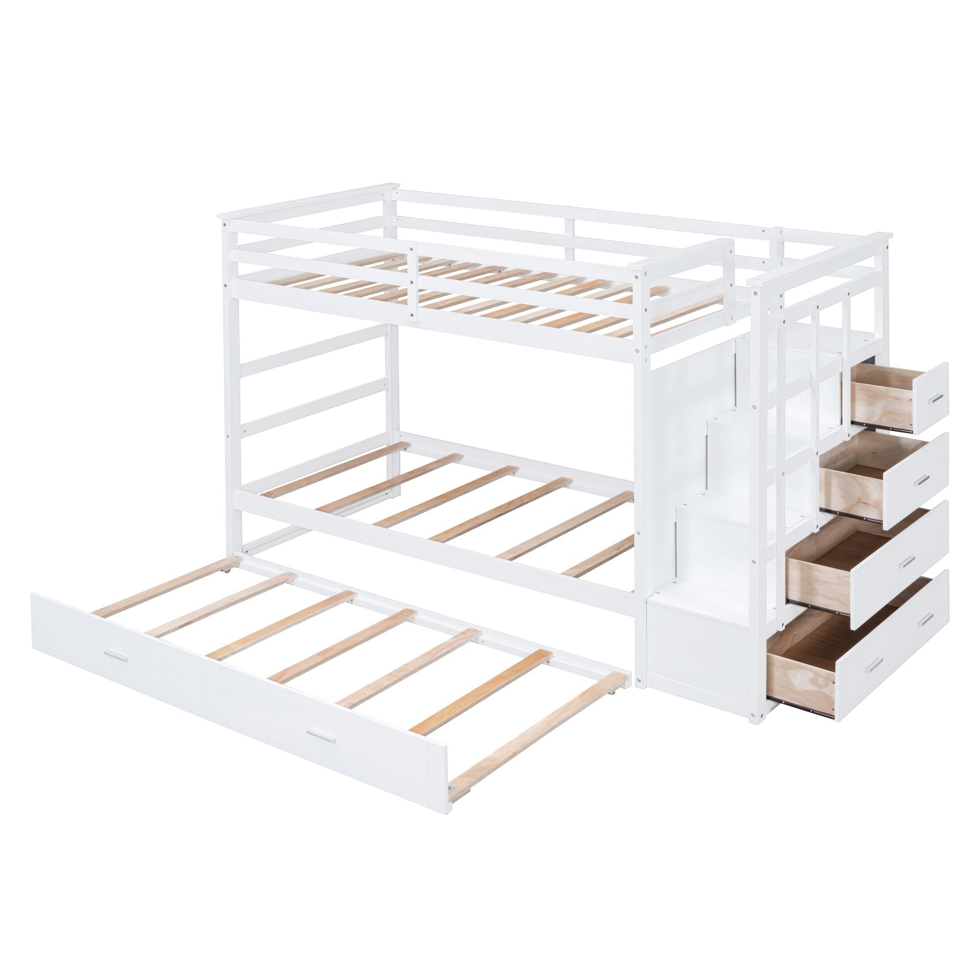 Shared Kids Room Twin Over Twin Wood Bunk Bed with Trundle and Storage Staircase, White | Just Better Bunk Beds