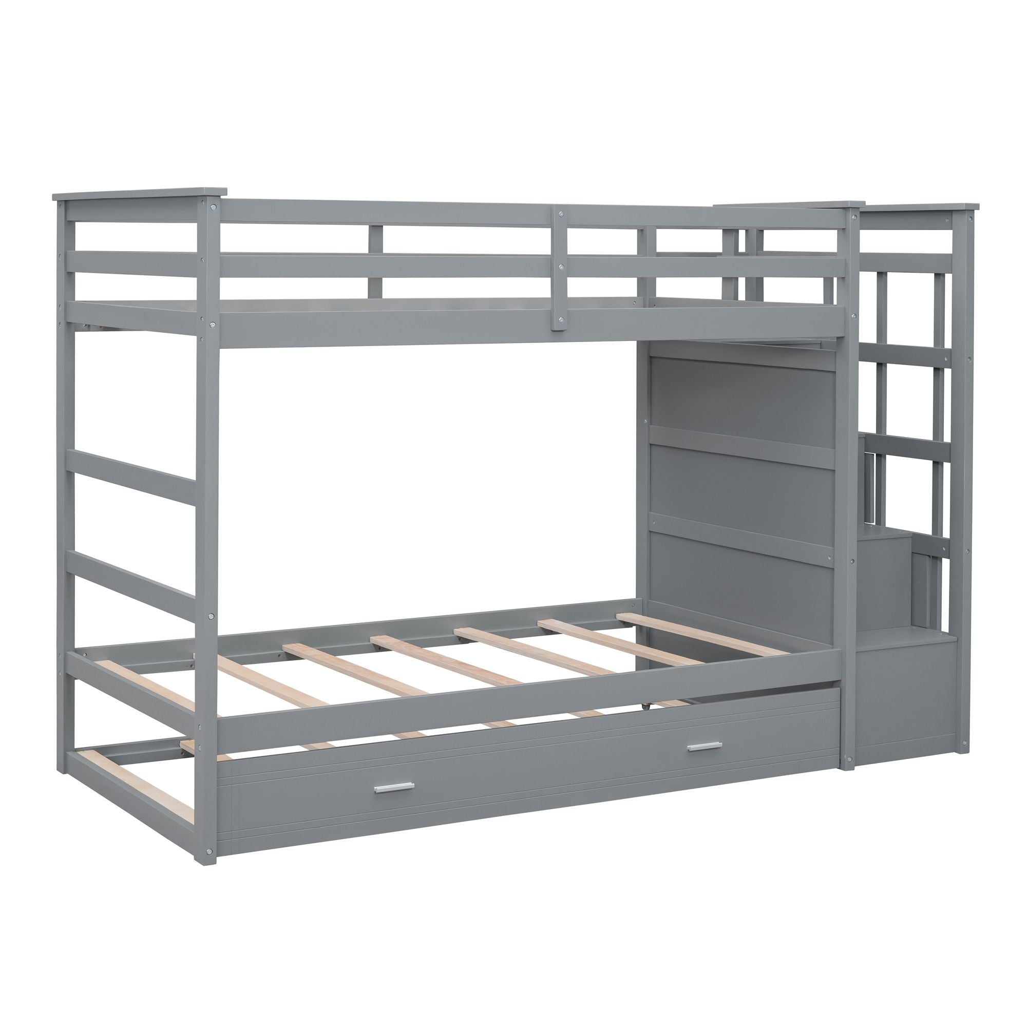 Shared Kids Room Twin Over Twin Wood Bunk Bed with Trundle, Staircase & Storage Drawers, Gray | Just Better Bunk Beds