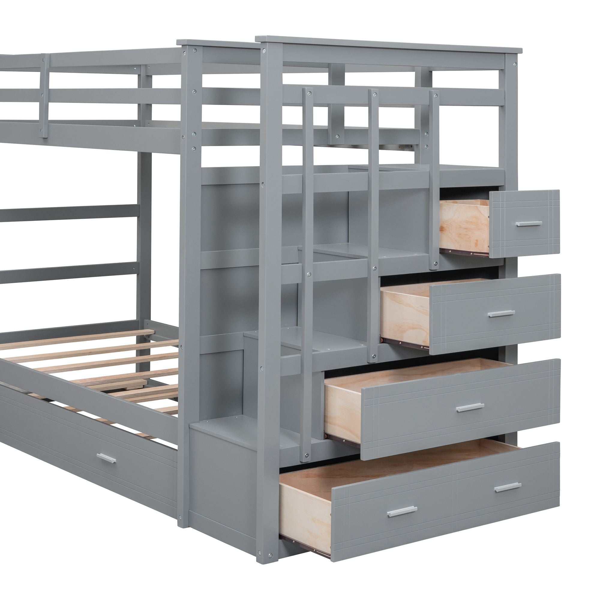 Shared Kids Room Twin Over Twin Wood Bunk Bed with Trundle, Staircase & Storage Drawers, Gray | Just Better Bunk Beds