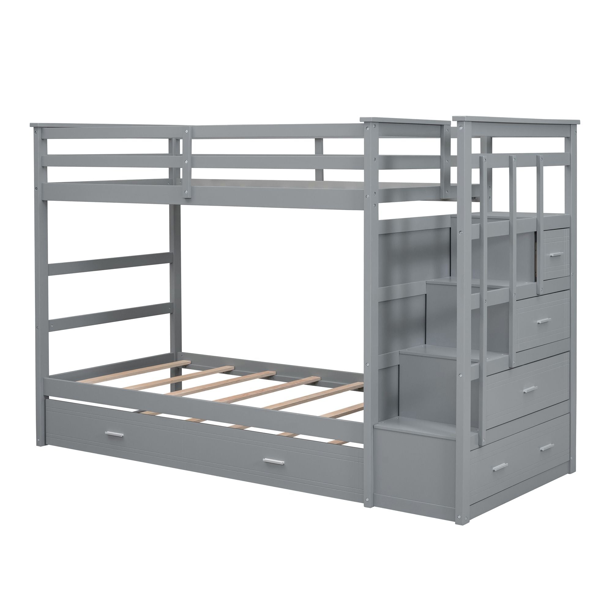 Shared Kids Room Twin Over Twin Wood Bunk Bed with Trundle, Staircase & Storage Drawers, Gray | Just Better Bunk Beds