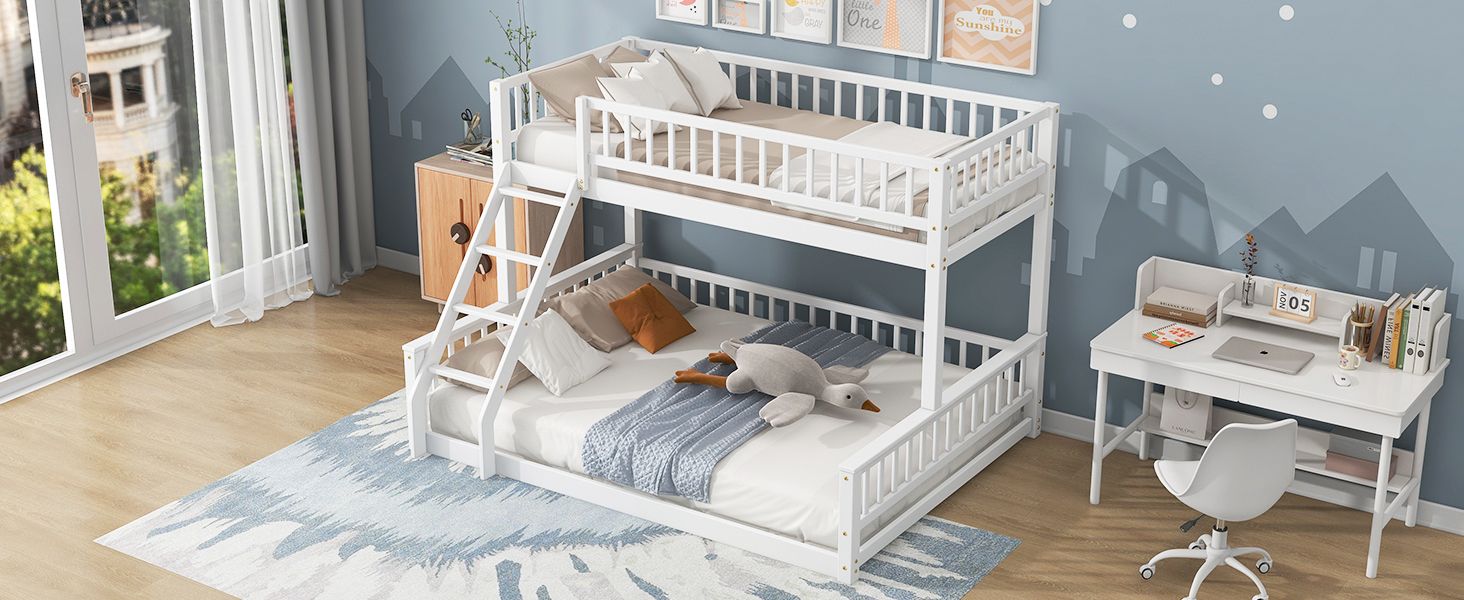 Shared Kids Room Twin XL Over Queen Wood Bunk Bed with Ladder and Guardrails White | Just Better Bunk Beds