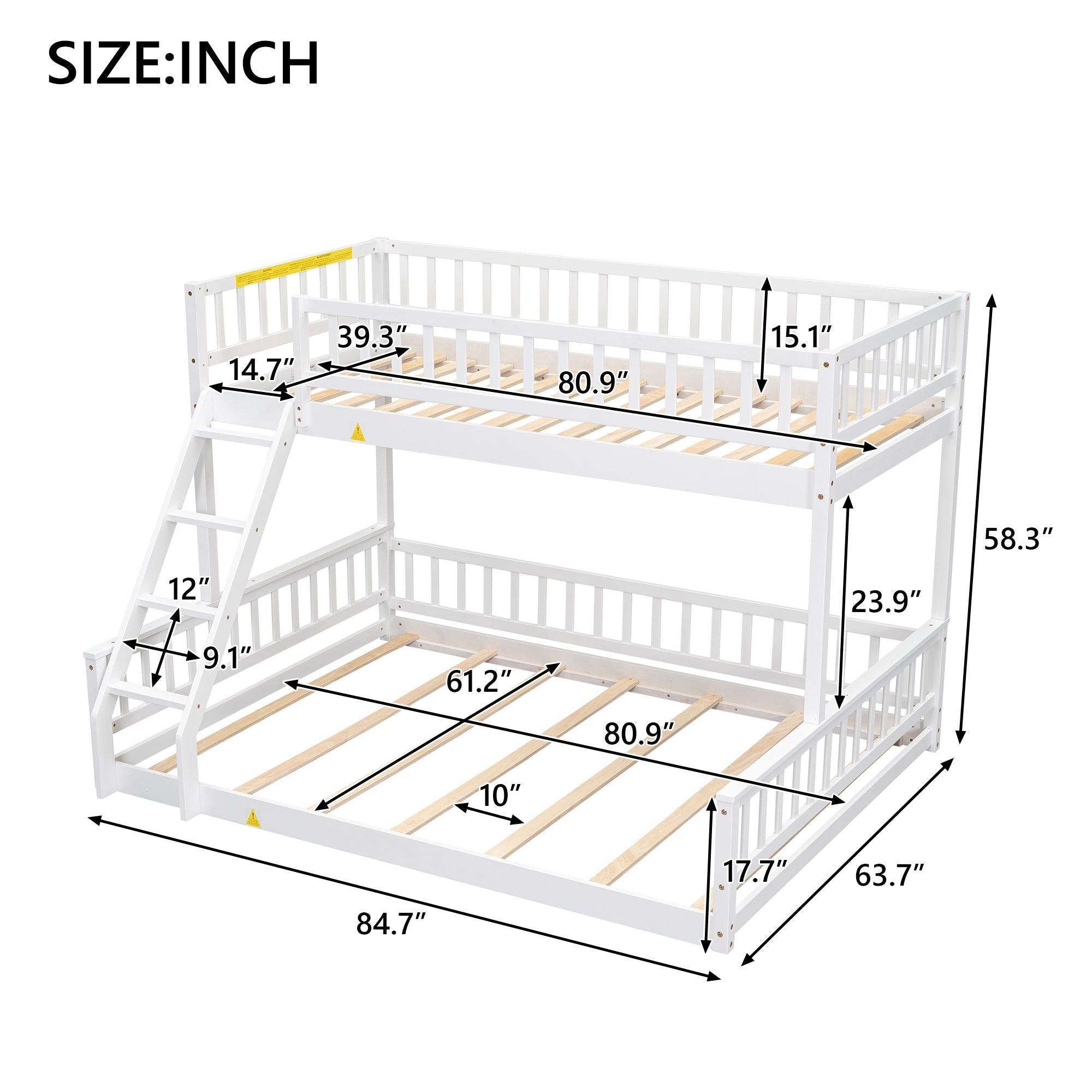 Shared Kids Room Twin XL Over Queen Wood Bunk Bed with Ladder and Guardrails White | Just Better Bunk Beds
