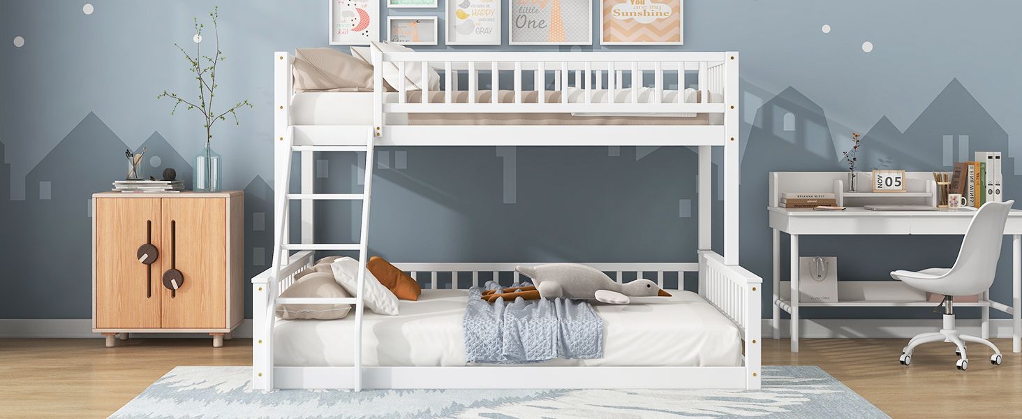 Shared Kids Room Twin XL Over Queen Wood Bunk Bed with Ladder and Guardrails White | Just Better Bunk Beds