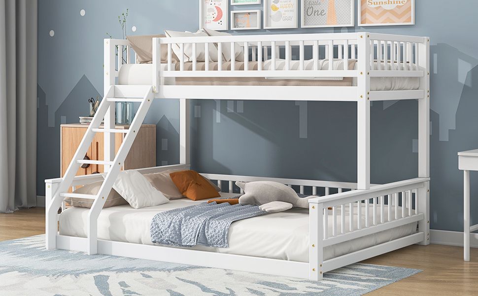 Shared Kids Room Twin XL Over Queen Wood Bunk Bed with Ladder and Guardrails White | Just Better Bunk Beds