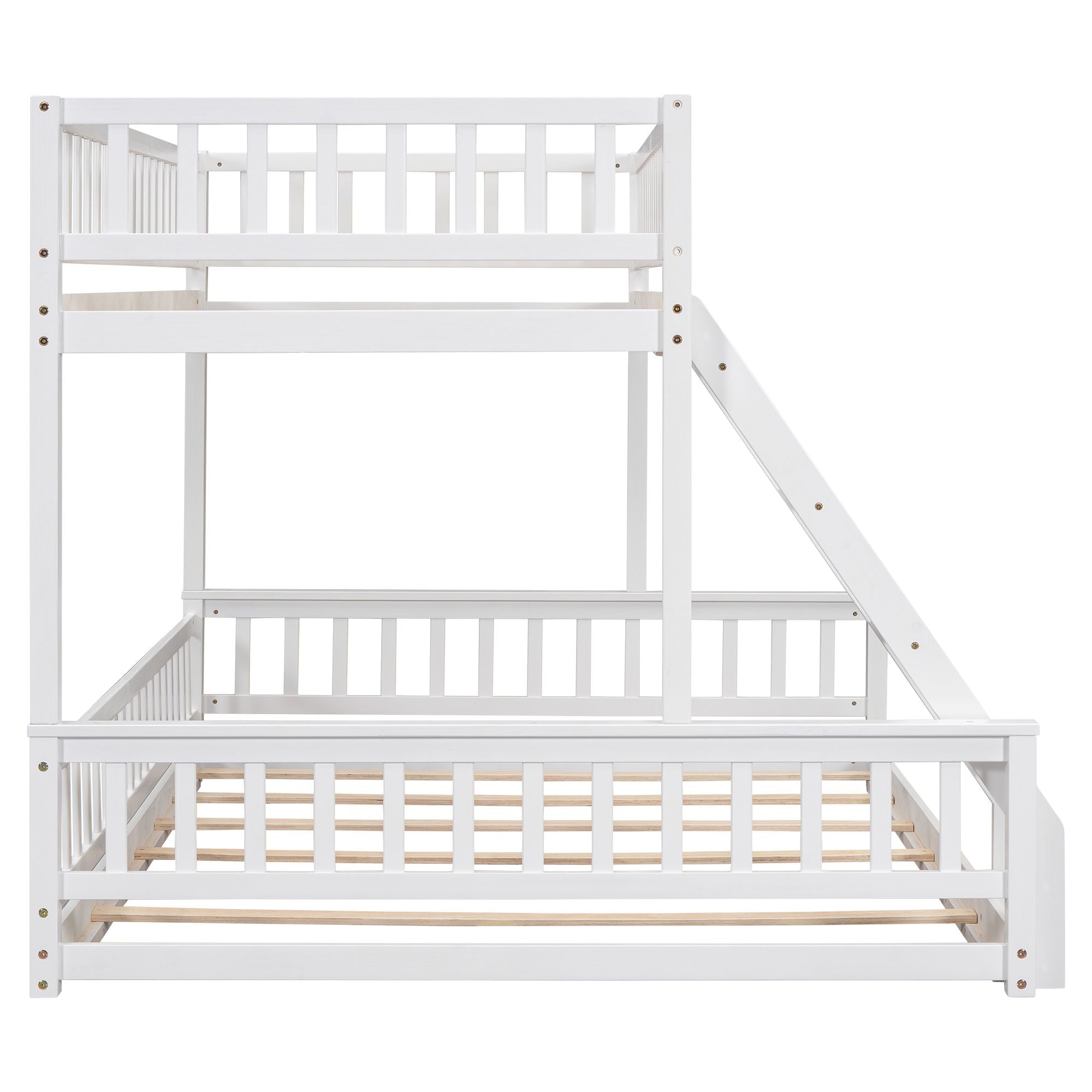 Shared Kids Room Twin XL Over Queen Wood Bunk Bed with Ladder and Guardrails White | Just Better Bunk Beds
