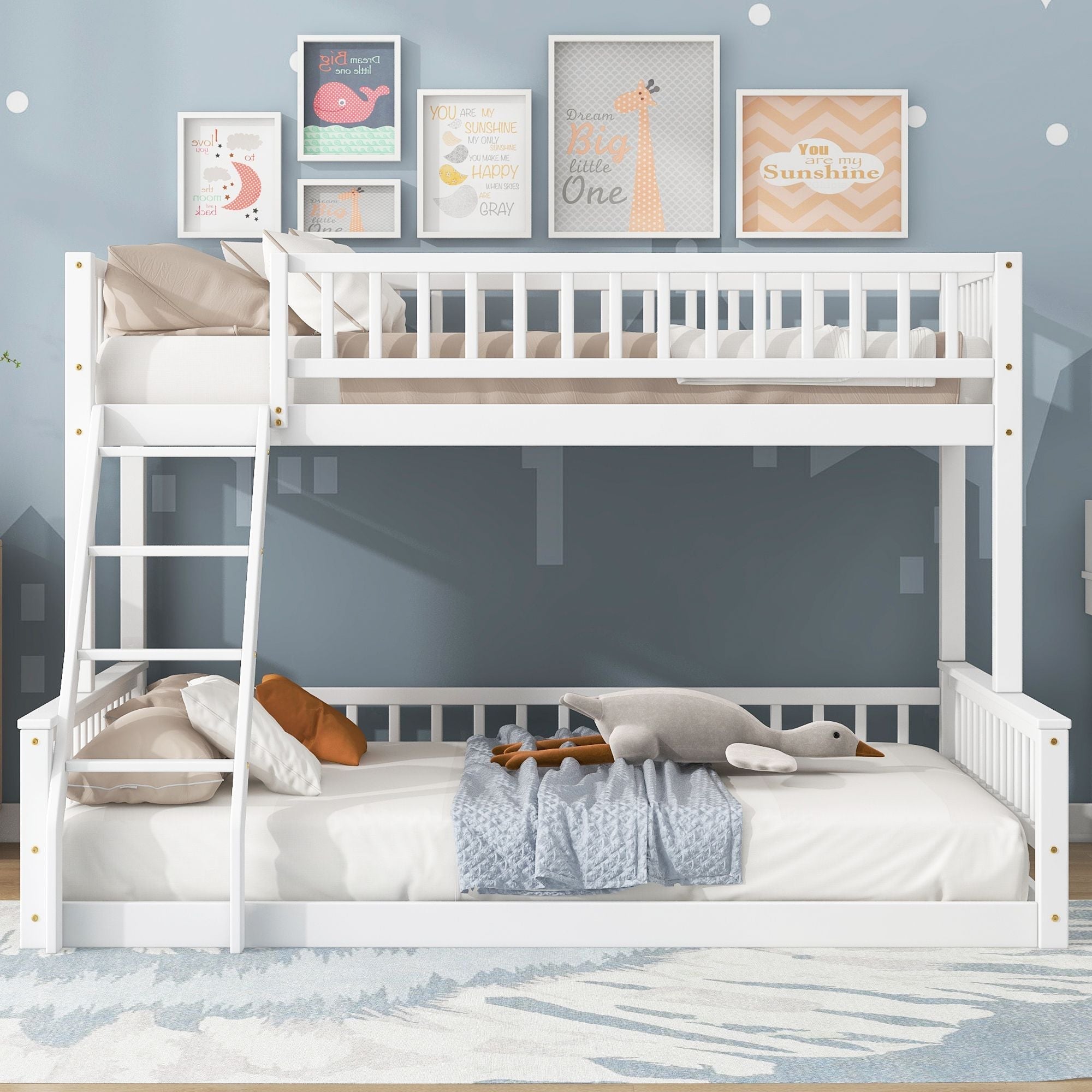 Shared Kids Room Twin XL Over Queen Wood Bunk Bed with Ladder and Guardrails White | Just Better Bunk Beds