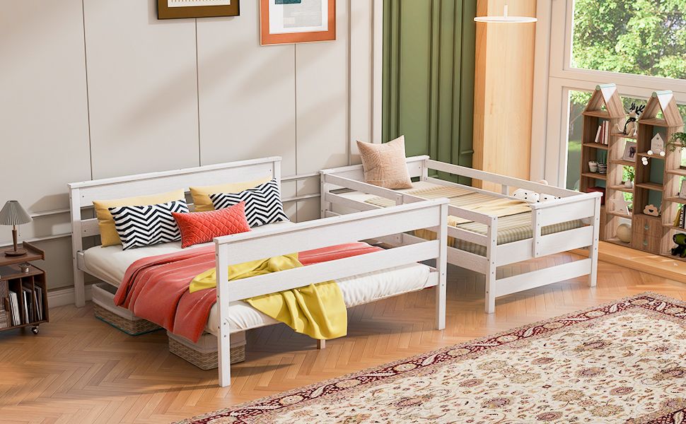 Shared Kids Room Twin XL Over Queen Wood Bunk Bed with Ladder in White | Just Better Bunk Beds