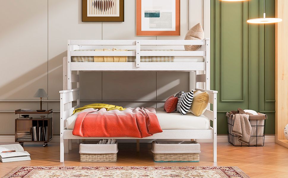 Shared Kids Room Twin XL Over Queen Wood Bunk Bed with Ladder in White | Just Better Bunk Beds