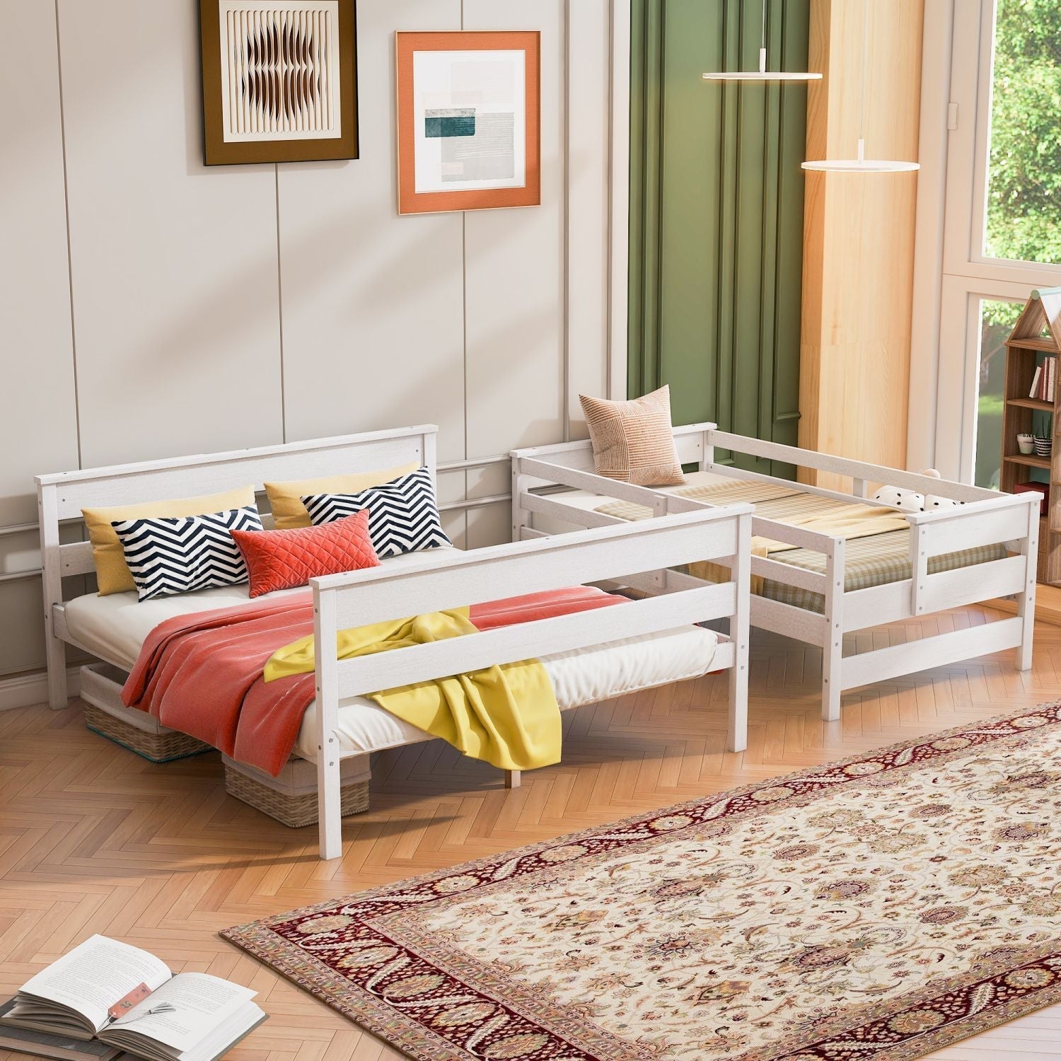 Shared Kids Room Twin XL Over Queen Wood Bunk Bed with Ladder in White | Just Better Bunk Beds