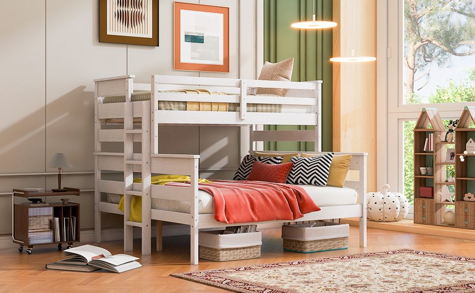 Shared Kids Room Twin XL Over Queen Wood Bunk Bed with Ladder in White | Just Better Bunk Beds